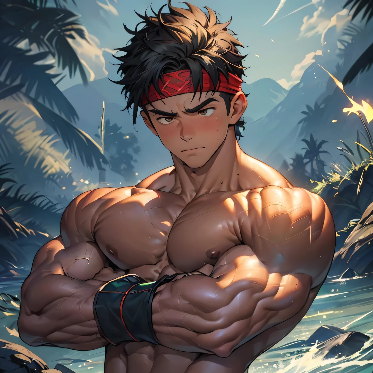 ((masterpiece, best quality)), (((((1 boy, deep night, upper body, looking away))))), (1 boy, worm eyes, Young boy, muscler, Shirtless, topless), ((((1boy, solo, flesh, tough, reliable, developed body)))), (Dark Short straight hair, ((almost completely shaved hair)), under cut), (((red headband, black wristband))), Vivid colors, ((big breast:1.5, big abs:1.5, big shoulder:1.2, muscular body, sturdy body, defined round and fleshy pecs, defined round and fleshy ABS, defined round and fleshy armsmuscular:1.2, well-defined muscles, developed body, toned weist, toned body:1.2, shouldermuscler:1.2)), muscler!, muscler body, detailed face, detailed muscle, (((rippling muscles, Flowing energy, giving off an aura of holy power, Include intense special effects such as bursts of light, energy waves, and wind to emphasize the power of his magic. Highlight his aura, blue and green aura effect, energy stream, holding aura energy, ready to fight, fighting pose)))