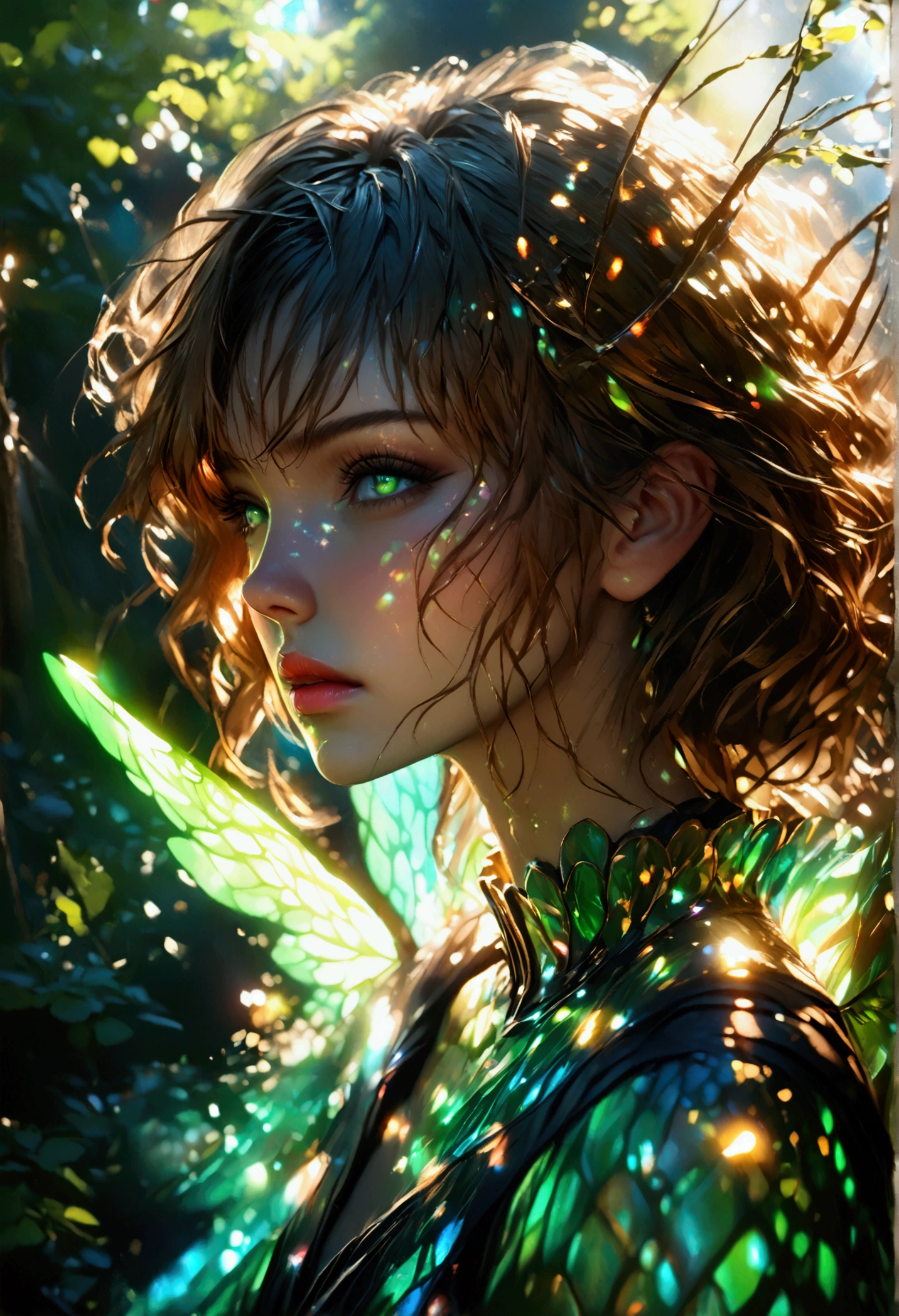 An ethereal female figure with delicate, luminescent wings, surrounded by glowing, magical creatures in an enchanted forest Subsurface skin scattering, shiny skin, iridescent dress, detailed background, cute face, green eyes, full length portrait, full-body pose. amazing fine detail, Nikon D850 film stock photograph Kodak Portra 400 camera f1.6 lens, rich colors, lifelike texture, dramatic lighting, unreal engine, trending on ArtStation, cinestill 800 tungsten