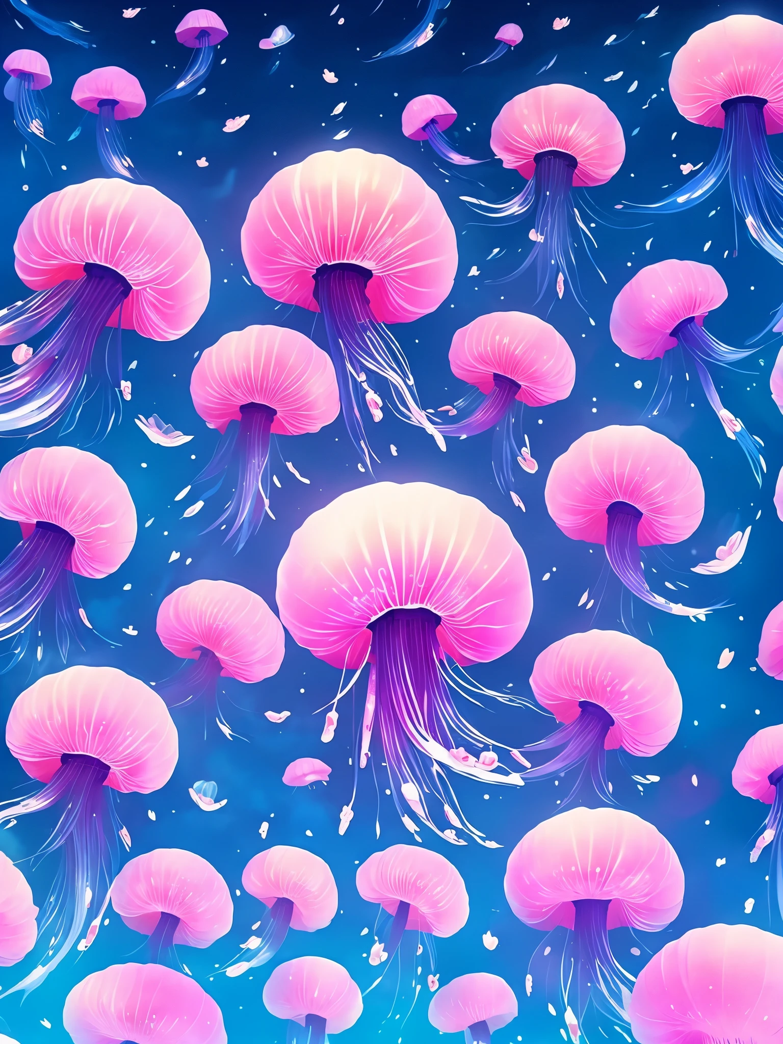 Highly detailed anime style illustration、Big blue jellyfish、beautiful、Fantasy、Soft atmosphere