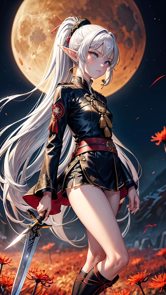 Anime Style, High resolution, masterpiece, Anatomically correct, Textured skin,ponytail, Silver Hair, Shiny Hair, Nape hair, Cowboy Shot, One girl, Disheveled Hair, Elf,Long pointed ears,Medium chest, blue eyes, Frowning, knife,日本knife,Ready your weapon,Sad, Black priestess uniform,Golden embroidered shrine maiden outfit,Leather Fabric,Winner of numerous awards, Damaged Weapon, Thin arms,Thin legs,Thin thighs,Small Ass,Small waist,Highly detailed hair, Ultra-high definition face, Big black ribbon hair accessory, Black shiny knee-high socks,Look up,From the side,Not looking at the camera,Exposed thighs,Black Leather Shorts,Background of red spider lilies blooming all over,night,moon,moon明かり,Fantasy,9moon,autumn,Angry, 破損しているBlack priestess uniform,Very beautiful white skin,cheek,Full-body camera angle,