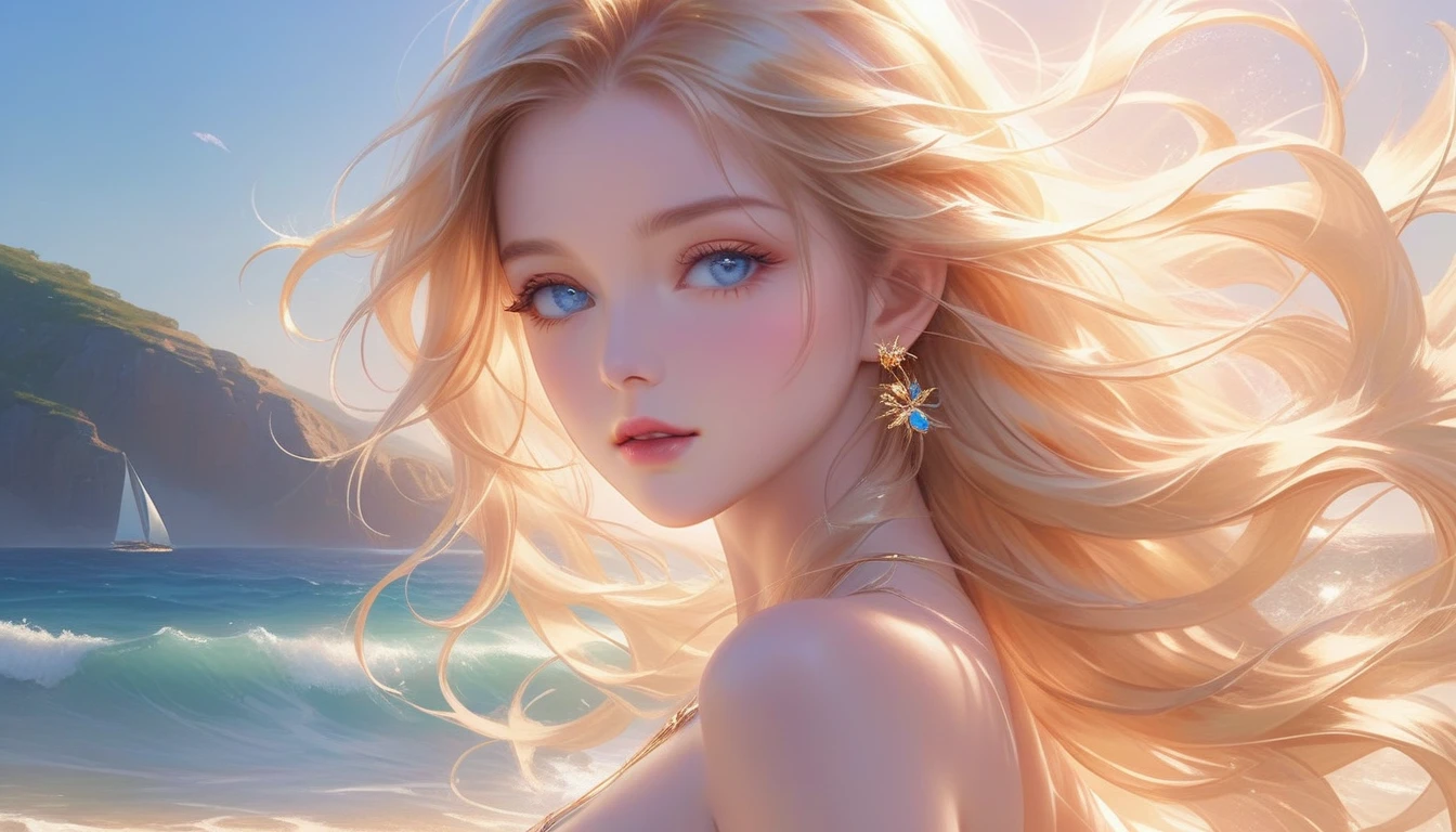 A Masterpiece In 32K Resolution, Supreme Quality, Super Detail, Official Art, Very High-Resolution 32K Wallpaper, Majestic And Aesthetic, Ultra-Detailed Features, Awe-Inspiring Detail. A Wind-Swept Beach With (Glowing Sands), (Crashing Waves), And Skin With A Golden, Sun-Kissed Glow (Highlight Her Ample Breasts). A Girl With A Mildly Pensive Expression, Flowing Sunset Blonde Hair, Glistening In The Wind, And Bright Ocean Blue Eyes, Reflecting The Surrounding Sea. Her Features Are Radiant And Breathtakingly Delicate, Bathed In (Soft Golden Sunset). (Exquisitely Detailed Beauty), With Expressions Full Of Thought And Wonder, Set Against A Majestic Coastal Scene. The Water Glistens With Fine Detail, Echoing The Beautiful Symmetry Of Her (Stunning Face). This Original Artwork Features Ultra-Precise Craftsmanship, Bringing Out Every Detail Of Her Enchanting Form And Elegant Aura.