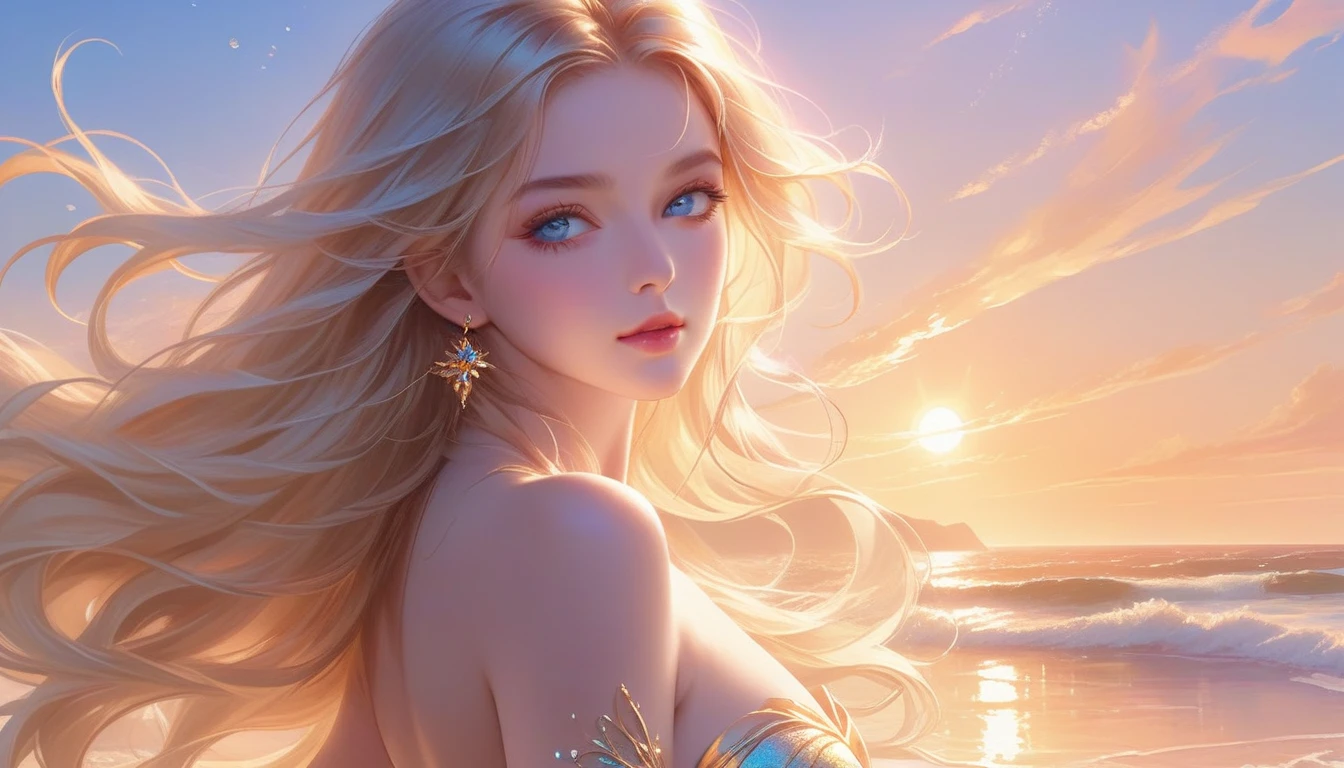 A Masterpiece In 32K Resolution, Supreme Quality, Super Detail, Official Art, Very High-Resolution 32K Wallpaper, Majestic And Aesthetic, Ultra-Detailed Features, Awe-Inspiring Detail. A Wind-Swept Beach With (Glowing Sands), (Crashing Waves), And Skin With A Golden, Sun-Kissed Glow (Highlight Her Ample Breasts). A Girl With A Mildly Pensive Expression, Flowing Sunset Blonde Hair, Glistening In The Wind, And Bright Ocean Blue Eyes, Reflecting The Surrounding Sea. Her Features Are Radiant And Breathtakingly Delicate, Bathed In (Soft Golden Sunset). (Exquisitely Detailed Beauty), With Expressions Full Of Thought And Wonder, Set Against A Majestic Coastal Scene. The Water Glistens With Fine Detail, Echoing The Beautiful Symmetry Of Her (Stunning Face). This Original Artwork Features Ultra-Precise Craftsmanship, Bringing Out Every Detail Of Her Enchanting Form And Elegant Aura.