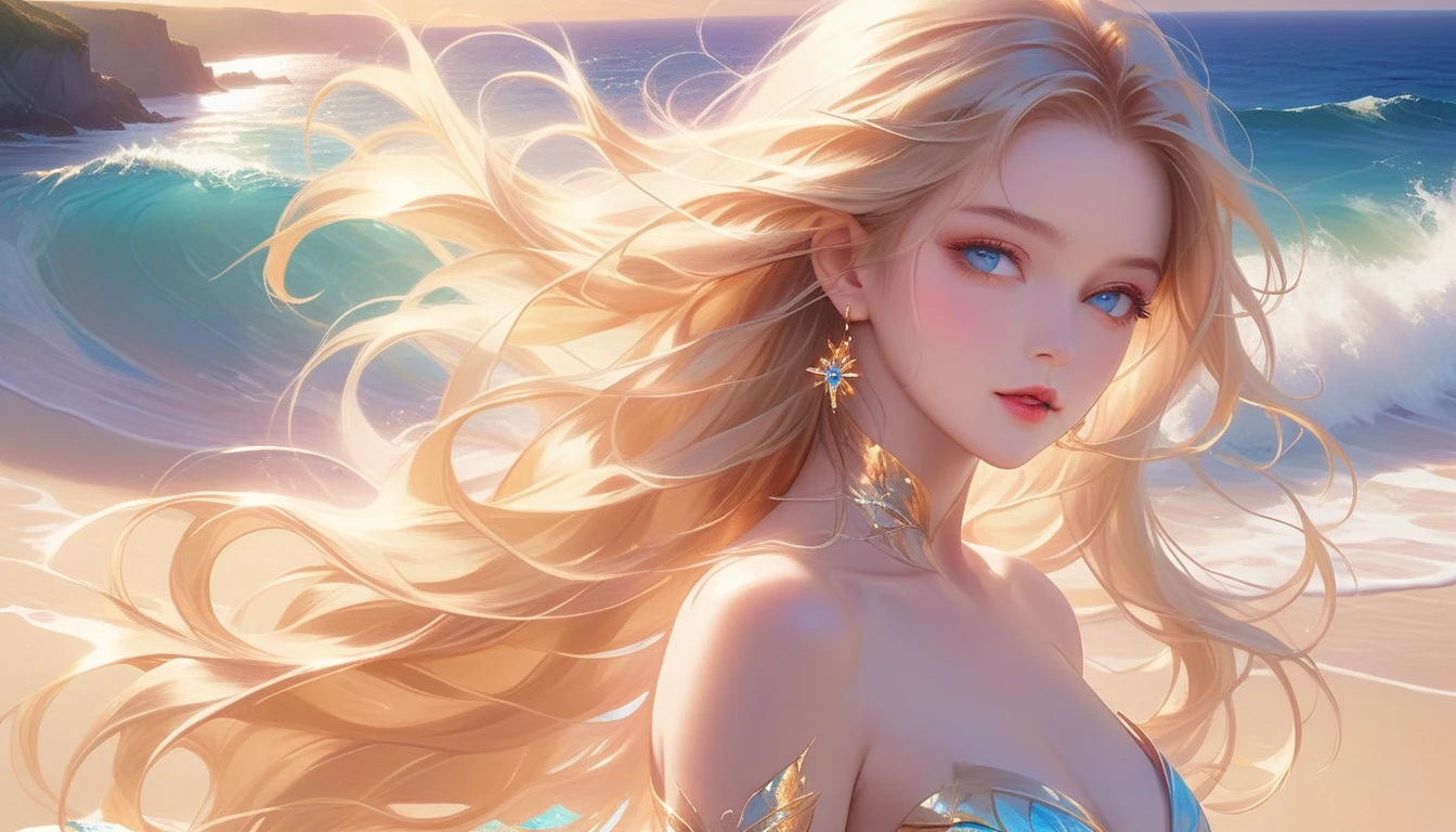 A Masterpiece In 32K Resolution, Supreme Quality, Super Detail, Official Art, Very High-Resolution 32K Wallpaper, Majestic And Aesthetic, Ultra-Detailed Features, Awe-Inspiring Detail. A Wind-Swept Beach With (Glowing Sands), (Crashing Waves), And Skin With A Golden, Sun-Kissed Glow (Highlight Her Ample Breasts). A Girl With A Mildly Pensive Expression, Flowing Sunset Blonde Hair, Glistening In The Wind, And Bright Ocean Blue Eyes, Reflecting The Surrounding Sea. Her Features Are Radiant And Breathtakingly Delicate, Bathed In (Soft Golden Sunset). (Exquisitely Detailed Beauty), With Expressions Full Of Thought And Wonder, Set Against A Majestic Coastal Scene. The Water Glistens With Fine Detail, Echoing The Beautiful Symmetry Of Her (Stunning Face). This Original Artwork Features Ultra-Precise Craftsmanship, Bringing Out Every Detail Of Her Enchanting Form And Elegant Aura.