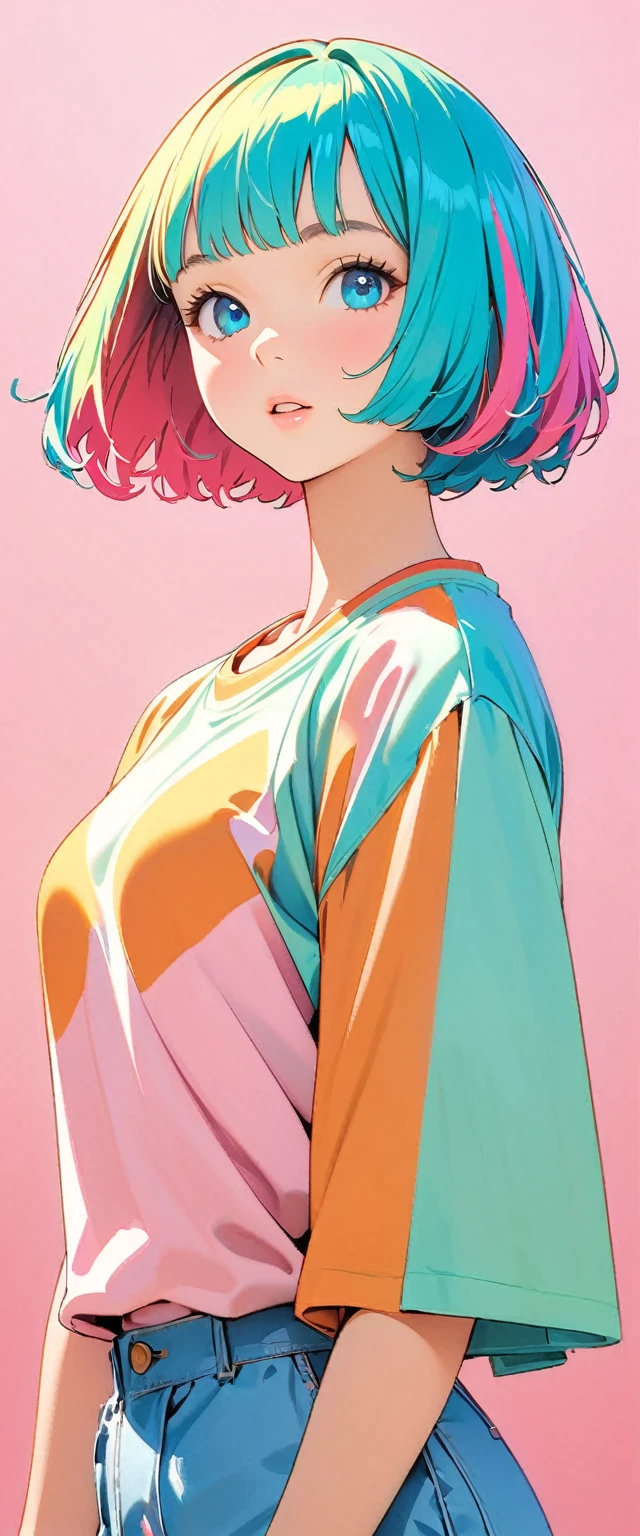 (Highest quality:1.2, City Pop Style, Very detailed, up to date, Vibrant, High Contrast, masterpiece:1.2, Highest quality, Best aesthetics), girl, ((Face Up Shot:1.4)), Colorful Hair, Bobcut, pastel colour, 1980s style, ((Retro, Vintage, Plain background))