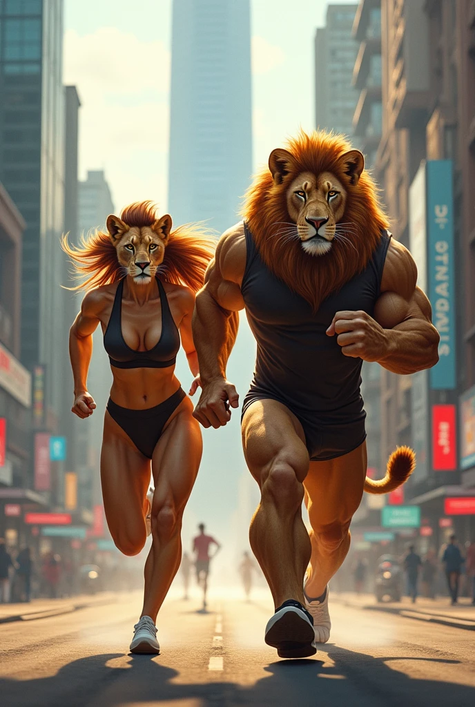 An ultra-realistic, high-resolution image of a muscular giant lion roaring ferociously while chasing a terrified woman through a bustling city street. The lion's powerful muscles are tensed and its mane is flowing, while the woman is running frantically, looking back in fear. The city background features tall buildings, streetlights, and a few onlookers in shock, with dramatic lighting and shadows enhancing the scene