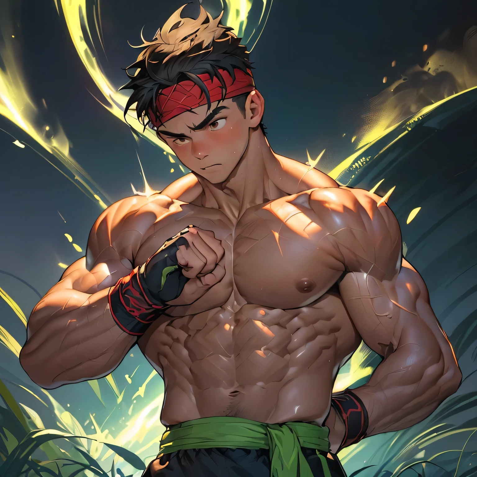 ((masterpiece, best quality)), (((((1 boy, deep night, upper body, looking away))))), (1 boy, worm eyes, Young boy, muscler, Shirtless, topless), ((((1boy, solo, flesh, tough, reliable, developed body)))), (Dark Short straight hair, ((almost completely shaved hair)), under cut), (((red headband, black wristband))), Vivid colors, ((big breast:1.5, big abs:1.5, big shoulder:1.2, muscular body, sturdy body, defined round and fleshy pecs:1.5, defined round and fleshy ABS:1.5, defined round and fleshy armsmuscular:1.2, well-defined muscles, developed body, toned weist, toned body:1.2, shouldermuscler:1.2)), muscler!, muscler body, detailed face, detailed muscle, (((rippling muscles, Flowing energy, giving off an aura of holy power, Include intense special effects such as bursts of light, energy waves, and wind to emphasize the power of his magic. Highlight his aura, blue and green aura effect, energy stream, holding aura energy, ready to fight, fighting pose, boxing stance, uppercut:1.2, body blow)))