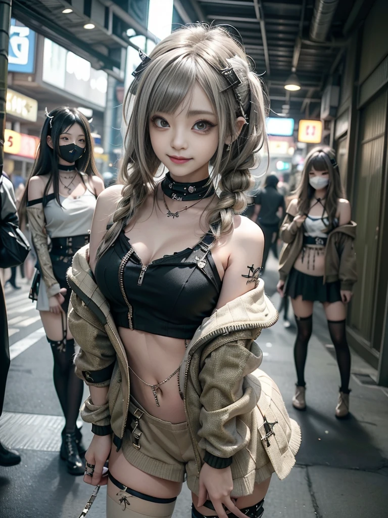 (Full Body View:1.2)、(Smiling with teeth showing:1.3),(Shibuya Gal:1.5)、(Beautiful gravure model:1.5)、(Neo-goth fashion:1.5)、(Punk RockVisual Kei:1.5)、(An off-the-shoulder hoodie in khaki and brown with delicate silver accessories.:1.5)、(A corset with a delicate beige and brown design:1.4)、(Khaki and brown snakeskin bodysuit:1.5)、(head band:1.3)、(Beige and charcoal knee socks:1.4)、Embellished collar and long boots、(I&#39;m selling snake print underwear.:1.4)、(Long eyelashes:1.3)、(30 years old)、((Highest quality、8k、masterpiece:1.3))、1 Female、Slim and beautiful abs:1.3、(hairstyle casual、Beautiful boobs:1.1)、(Doing an aerobics pose:1.3)、dress:1.1、Super small face、Narrow eyes、double eyelid、A sloppy smile、Esbian all over body、Dynamic Angle、Close-up、CPL Filter、Blurred Background、Bokeh、Blue Hour、Detailed face and skin texture、Detailed eyes、,(Twin tails:1.3)、(Black brown hair:1.3)、Gravure idol、(The background is a glamorous dance hall:1.3)、(Make your legs thinner:1.4)、(Slim Body:1.3)、(clavicle:1.1)
