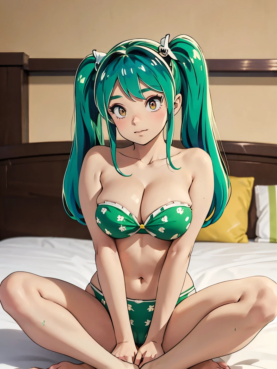 Ram、Green Hair、Twin tails、whole body、Photographed from the front、Blushing、Large Breasts、masterpiece、Simple Background、Highest quality,Bikini, nose blush, mature,Lying in bed,Spread your legs