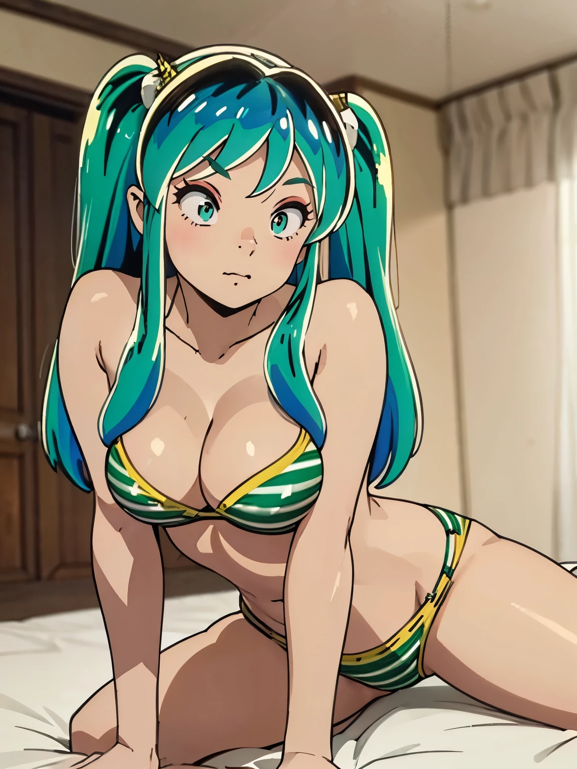 Ram、Green Hair、Twin tails、whole body、Photographed from the front、Blushing、Large Breasts、masterpiece、Simple Background、Highest quality,Bikini, nose blush, mature,Lying in bed,Spread your legs