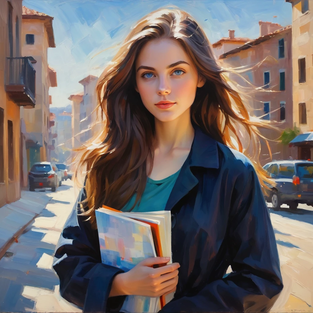 (masterpiece, best quality:1.2), 1girl, solo, white skin, 20 years old, fit body, medium long hair, brunette hair, big blue eyes, slight smile, Abstract painting. Impressionist, (full body) , tranquil and calming atmosphere, front view, vibrant colors, gentle light diffusion, painterly style, Impressionist, no motion blur, soft depth of field, focused subject. acrylic on canvas, Isabel emrich style Casually dressed in a dark coat and holding documents and books, she stands outdoors with shoulder-length wavy hair, appearing focused, while soft natural lighting creates a subtle shadow on the street background. Highest quality、masterpiece、RAW Photos、Film Grain、Ultra-high resolution、young woman