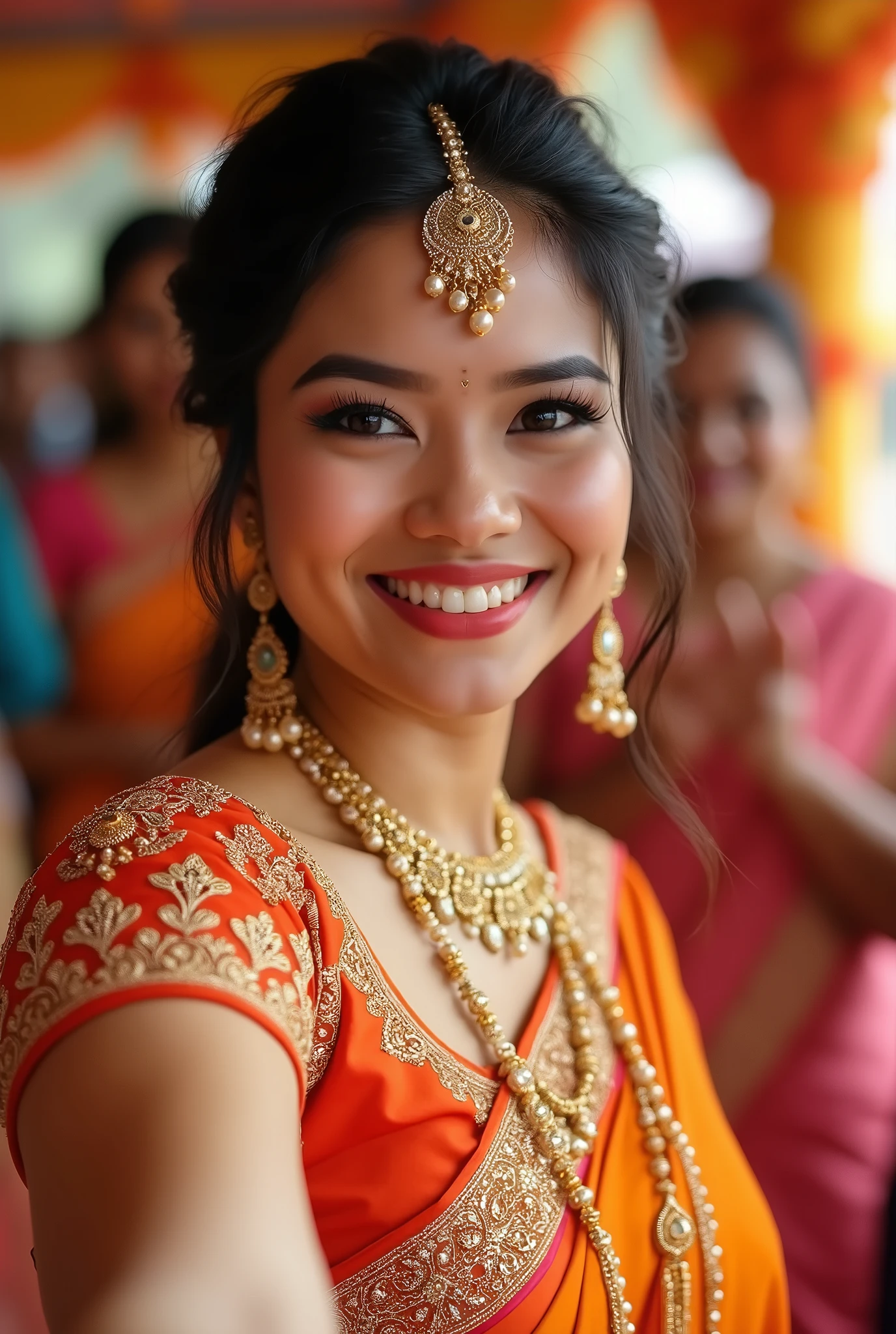 Instagram story size image,portrait photo,milk white skin tone, bridal saree wear,bridal jewellery,smiling human face,vanakkam hand,wedding hall background,full hair makeover
