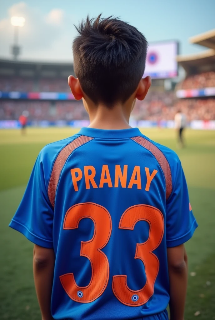 A boy wearing Indian cricket team jersey of Aryan jersey number 45 from backside