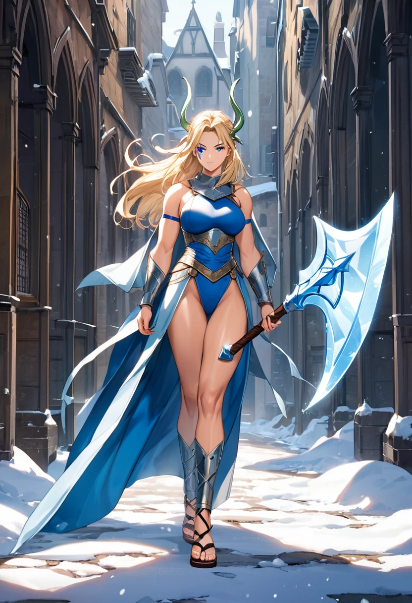 (masterpiece), (Fine hair), Extremely detailed, Anime style, whole body, Solitary, Viking Girl, Light Blonde Huff Hairstyle, Face tattoo, Holding a Viking axe and a rune sword, Supernatural Snow, Ice protection, White light blue wrestler costume, Savage Armor, White praying mantis fluttering in the wind, Wearing Viking Sandals, Extra large mass, Tall and stylish, Very large. Muscular but feminine body type, Medieval background,，Standing full length,