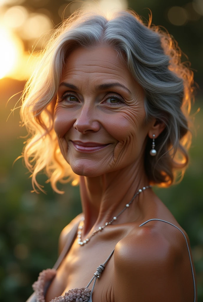 an old brunette woman with wavy hair, retired and tanned skin