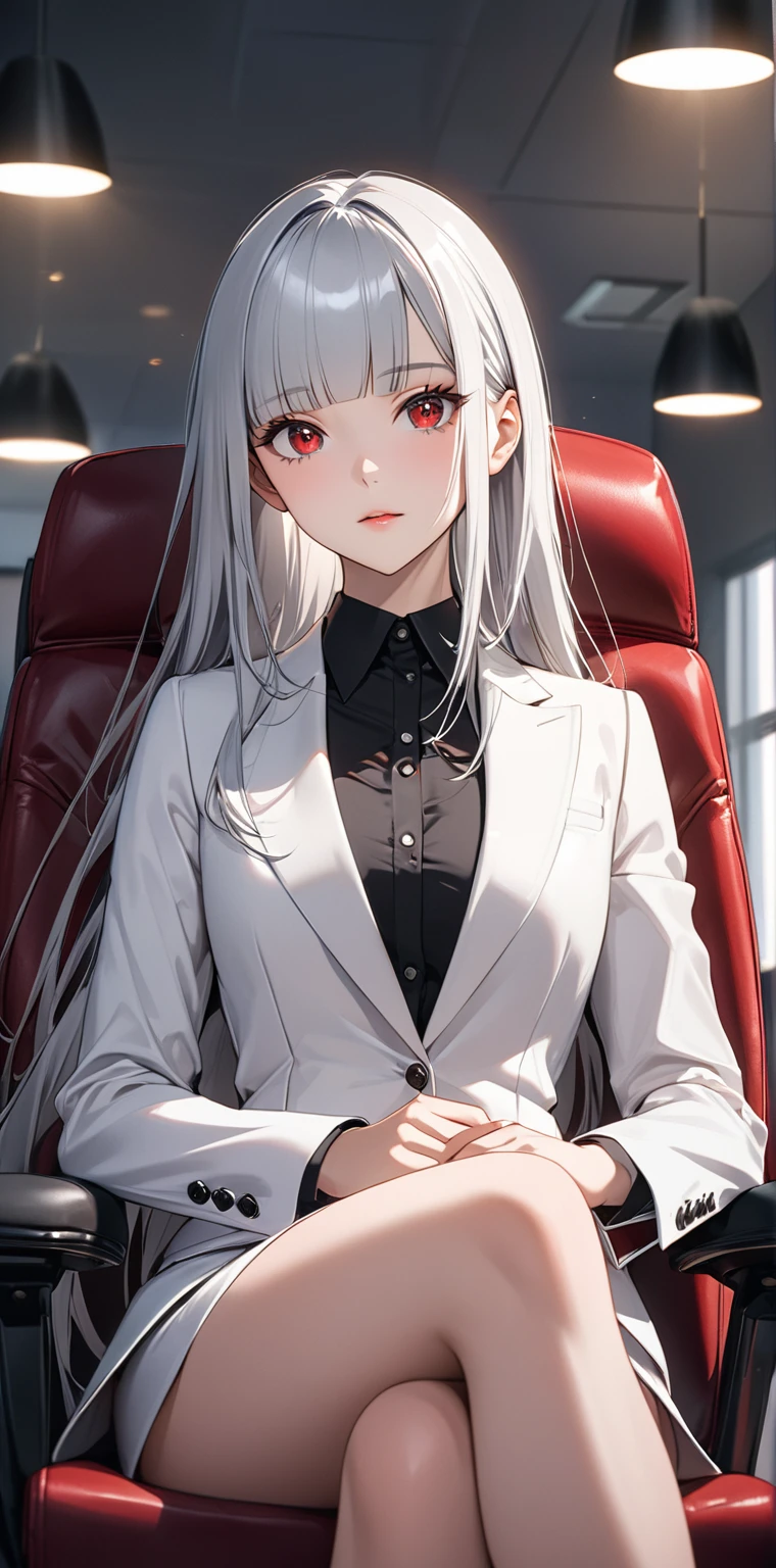 Anime a woman with long white hair red albino eyes pale skin red lips wearing a black suit with a white tie thin face breasts more or less. sitting in a chair in her office with a cold look, a woman sitting on her way back