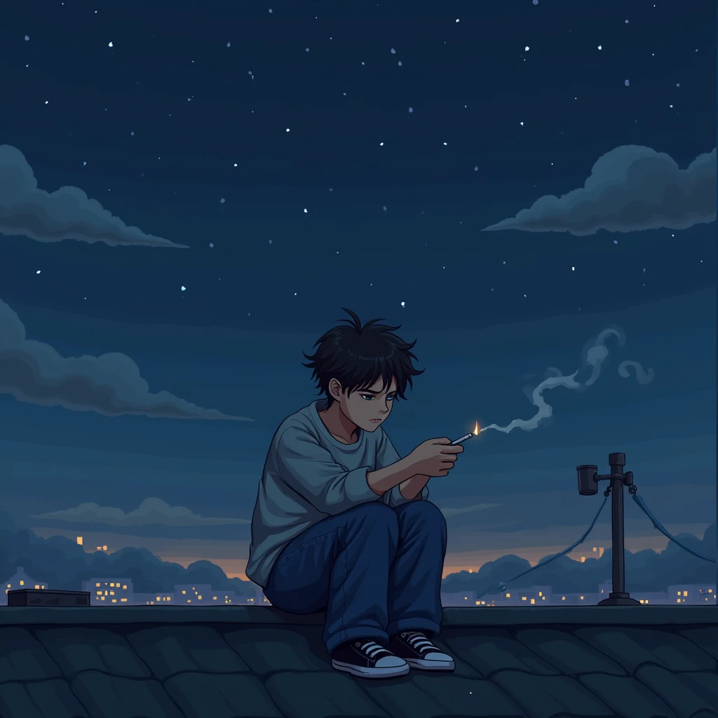 A depressed boy, with curly and stylish hair. LOOKING AT THE NIGHT SKY, the sky is very starry and clear, on a cloudy night, smoking paieiro