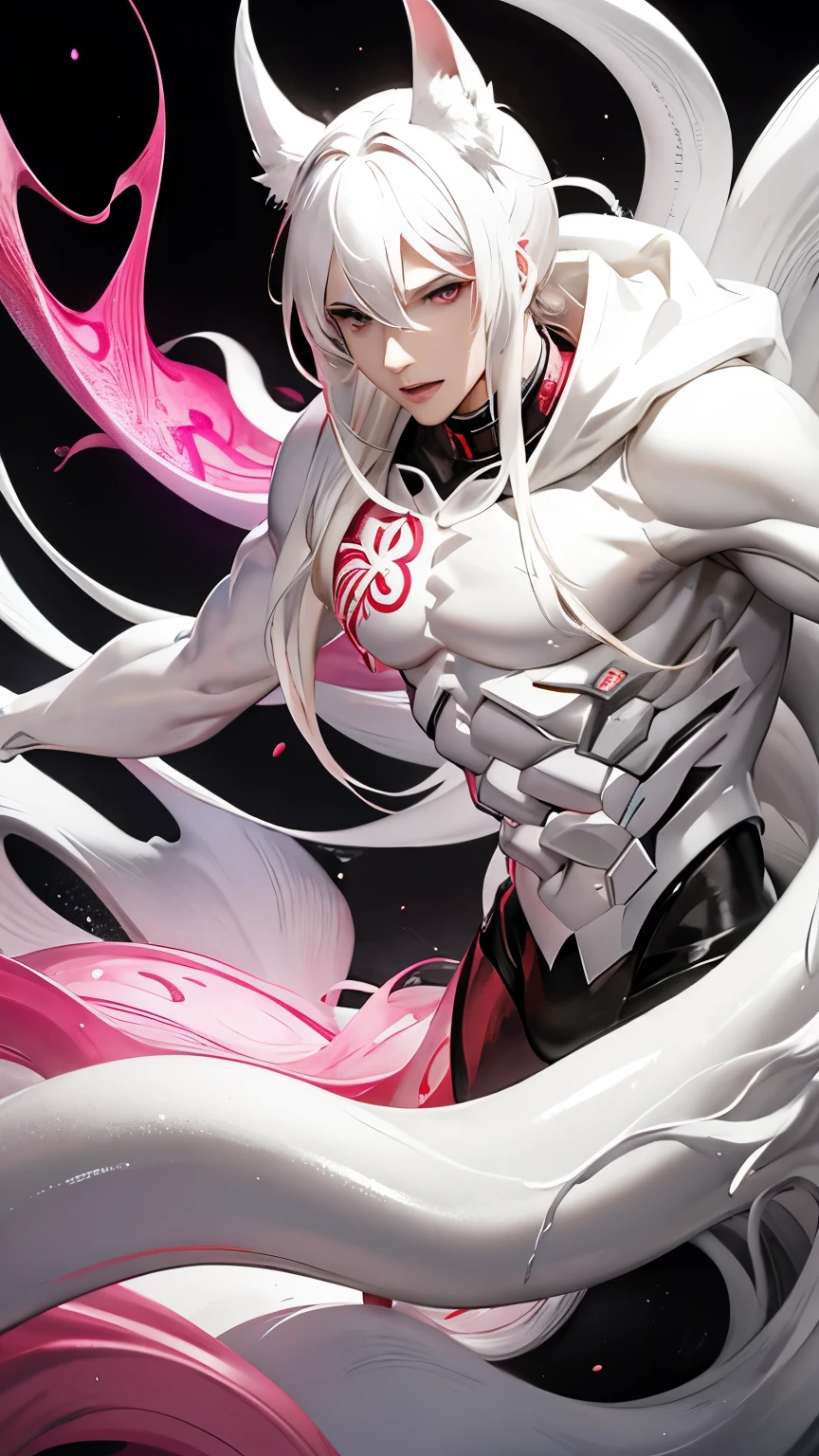 anime guy with white hair and pink eyes in a white hoodie, a character portrait, shock art, by Takeuchi Seihō, fit male demon with white horns, white haired deity, white - haired fox, visual novel sprite, male android