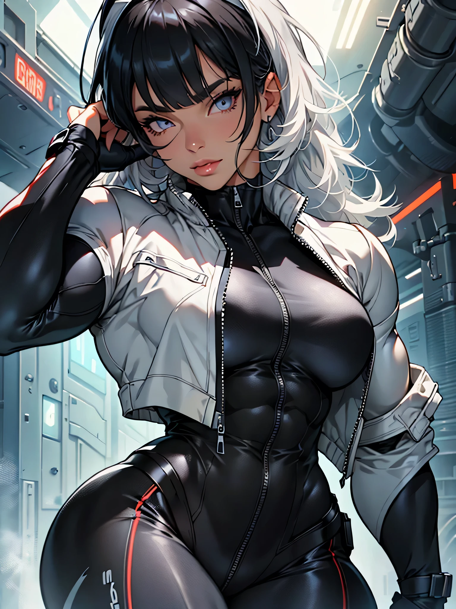 grey hair grey eyes (muscular) curvy (contempt expression) solo pilot suit bodysuit (1 girl) dark atmosphere long hair curly hair