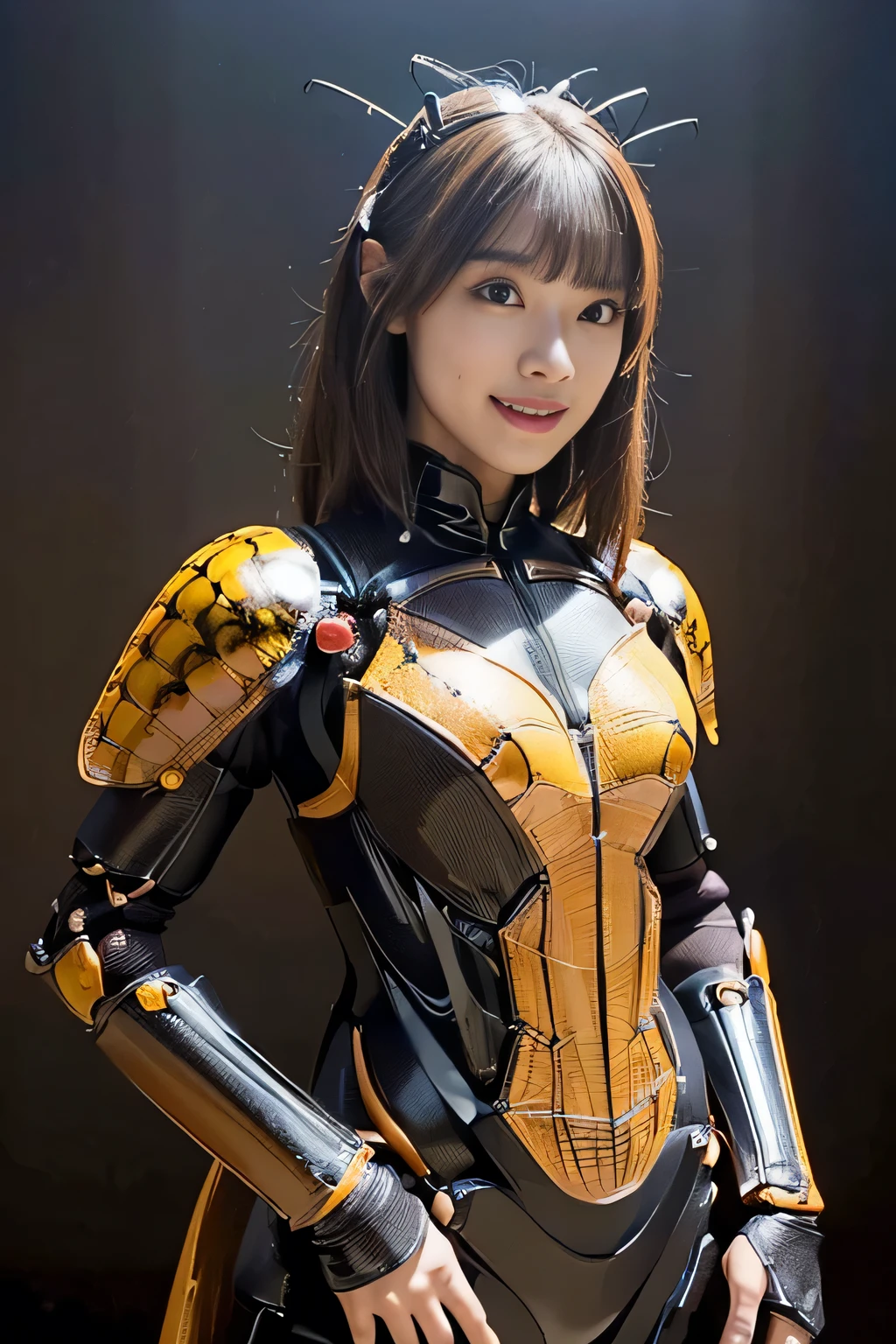 (high resolution,masterpiece,best quality,extremely detailed CG, anime, official art:1.4), realistic, photo, amazing fine details, all intricate, gloss and shiny,awesome many layers, 8k wall paper, 3d, sketch, kawaii, illustration,( solo:1.4), perfect female proportion,villainess, (fusion of dark brown cockroach and lady:1.4), (brown cockroach form lady:1.2), (brown cockroach lady:1.2), (fusion:1.2), (solo:1.4), (evil smile:1.2), muscular, abs, (cockroach brown exoskeleton bio insect suit:1.4), (cockroach brown exoskeleton bio insect armor:1.2), (brown transparency cockroach wing:1.4), (brown cockroach antennae:1.3),