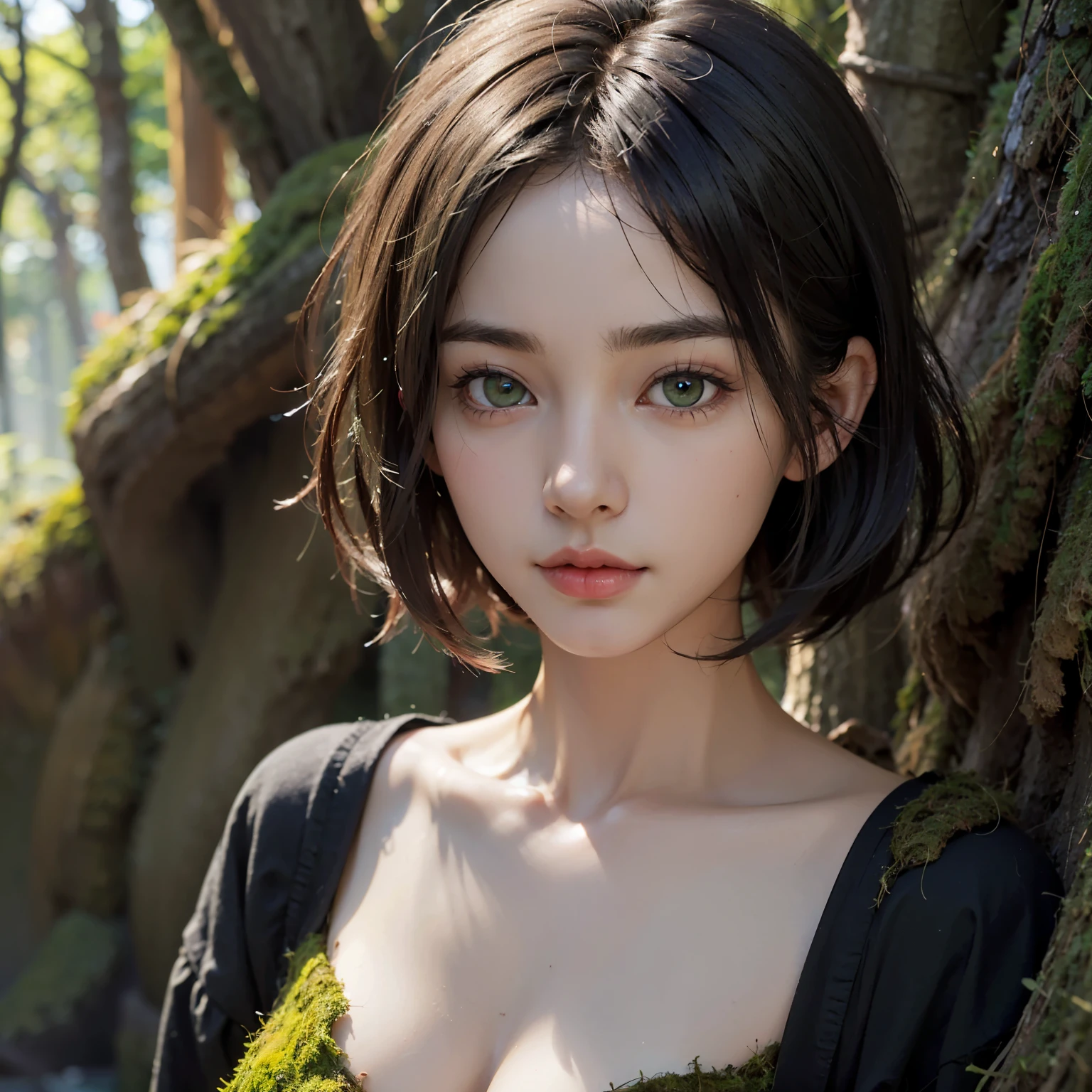 ((masterpiece)), ((Best quality)), ((Very detailed)),((surreal)),((glowing skin)),1 woman,Japanese cute girl pixie cut,((Black hair)),short hair,(((moss green eyes))),(((doll))),1,Medium chest,slim body,split,portrait,

