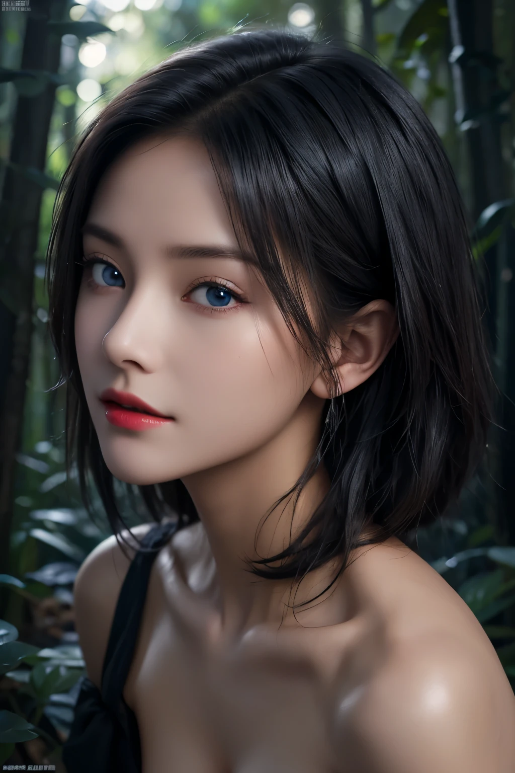 cinematic lighting、perfect、smooth light、high resolution skin:1.2、textura de pele realista、2 mature woman、Small face、no-makeup、Bust b Cup、、beautiful detailed dark blue eyes、shorth hair、dark black hair、cool beauty、night forest background