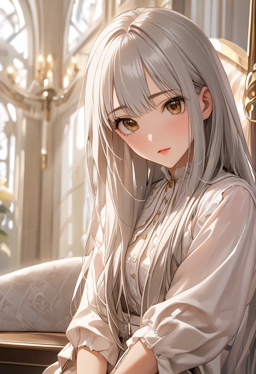 masterpiece,Best Quality,High resolution,Very detailed,Arbourne,Silver Hair, eyelash,Brown eyes,[Silver Hair, Long Hair, Indulge in this thought