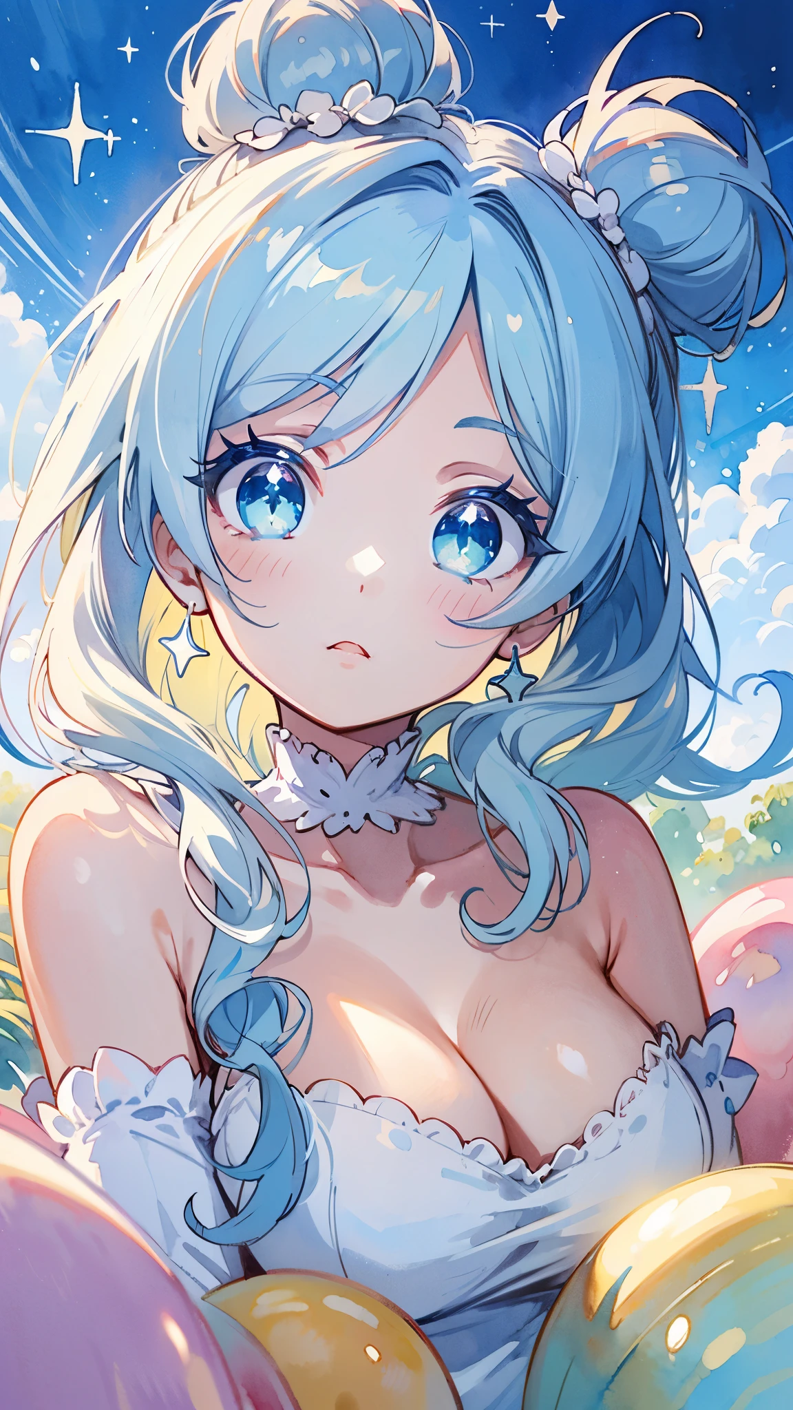 (Chibi:1.15),girl,blush,(swirly hair:1.35),(fluffy long hair:1.2),(twin tails:1.25),(chef&#39;s hat:1.3),(A big smile:1.35),(light blue heart-like eyes:1.3),(smiling with open mouth:1.25),(A fantasy atmosphere where kitchen utensils such as ladles and frying pans float in the air.:1.25),(naked apron:1.4),(Cute pose with hand on side of face:1.3),(Burikko:1.3),(close up of face:1.4),(Brightness:1.35),(Gentle sunlight:1.25),(Steam charging:1.25),(Nude body covered in white cream:1.3),(Cute stuffed animals and sweets are flying around:1.3),(Colorful and cute POP atmosphere:1.2),(big breasts),(outdoor kitchen:1.4),(valley:1.4),(NSFW:1.3),(rub one&#39;s own breasts:1.35),(perspective from below:1.4),(Spread your legs wide:1.35),(vagina:1.3)