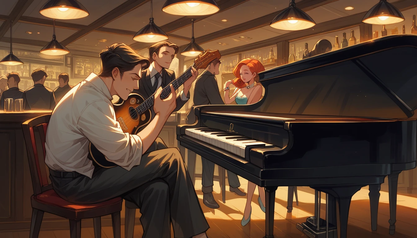 A woman is sitting at a piano in a bar, There is a man playing an acoustic guitar，film noir jazz bar, 1 9 3 0 S Jazz Club, 1 9 2 0's Style Speakeasy, Speakeasy bar background, inspired by Art Frahm, Wayne England, film noir realistic, Cozy, dark 1920s speakeasy bar, Scott M. Fischer