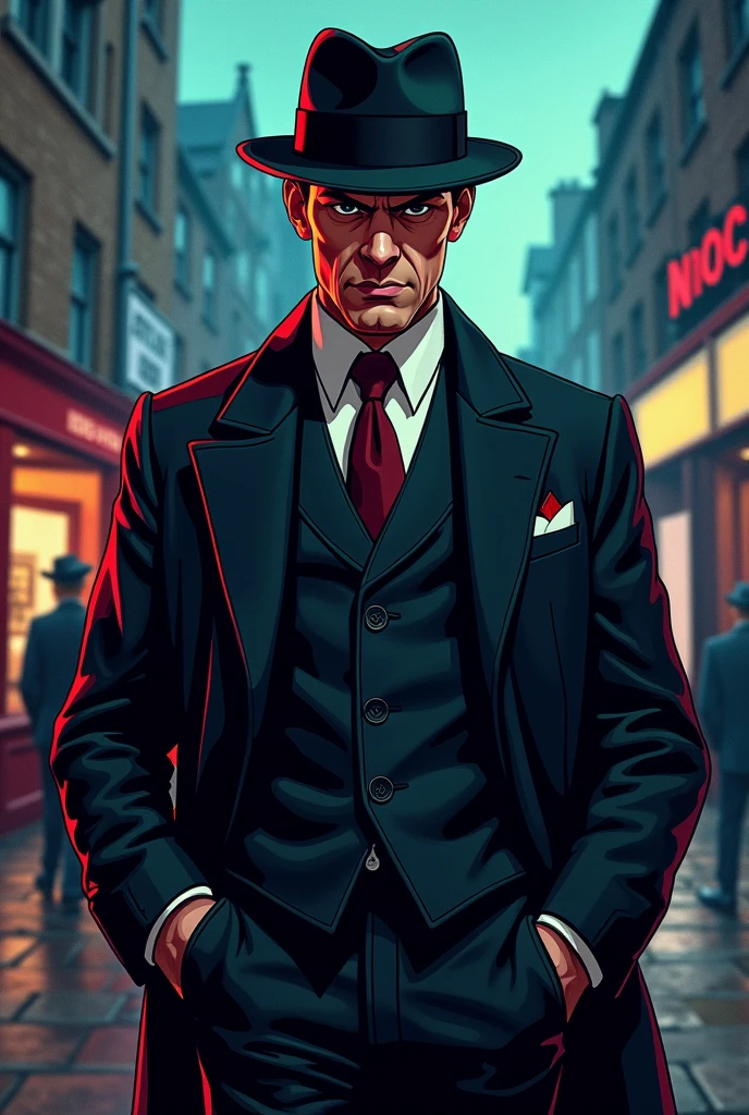 male character mafia cartoon with black suit short straight hair and beret smoking cigar