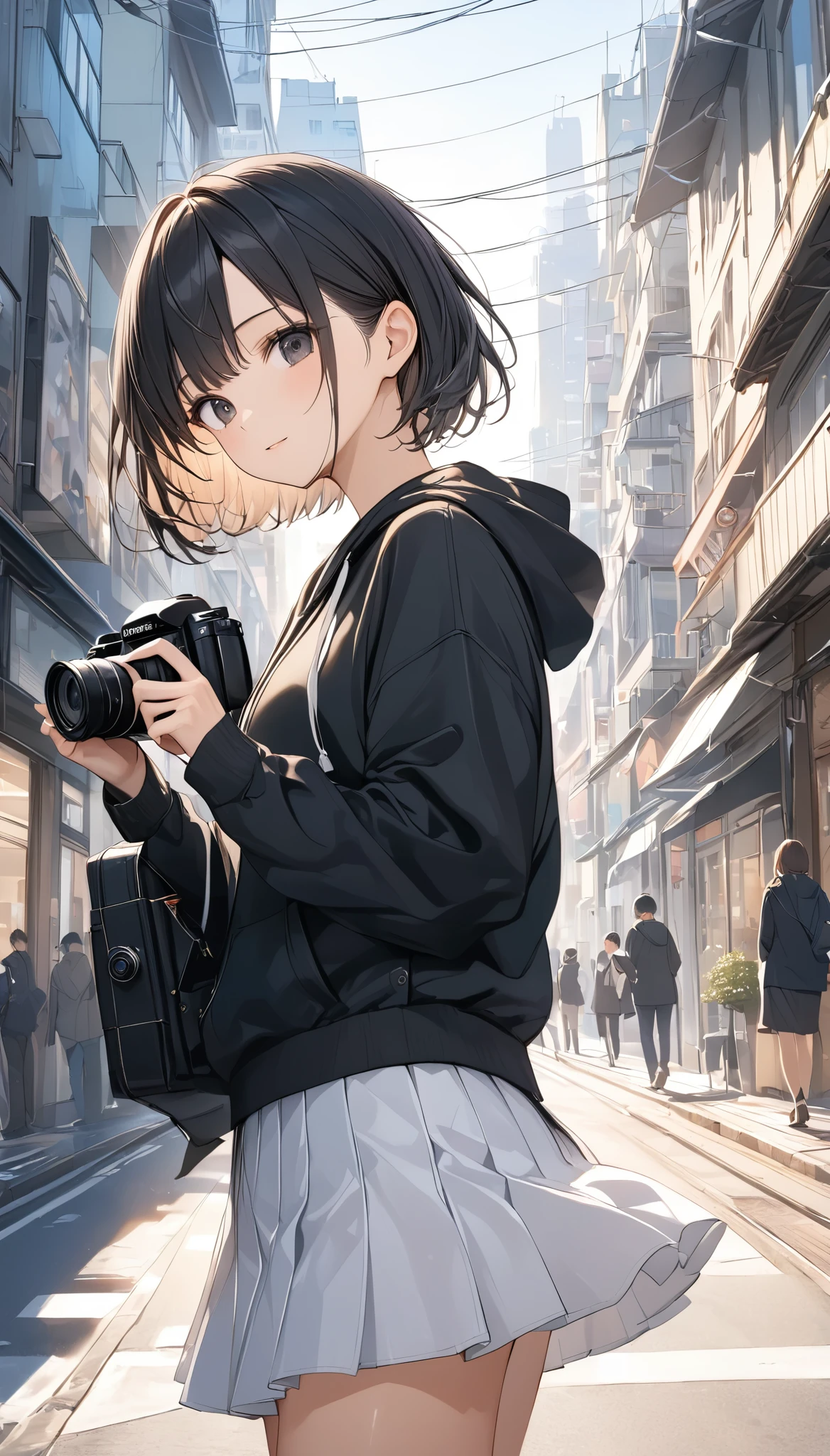 anime、((Amazingly absurd)),(masterpiece:1.2),超High resolution, Attention to detail, high quality, High resolution, 最high quality, 4K, 8k、Black hoodie、White Skirt、Black Hair、Short Hair、Black Eyes、SLR camera、Hold the camera、Close one eye and hold the camera、photo shoot,Look forward、Side view,Cityscape bathed in morning sunshine