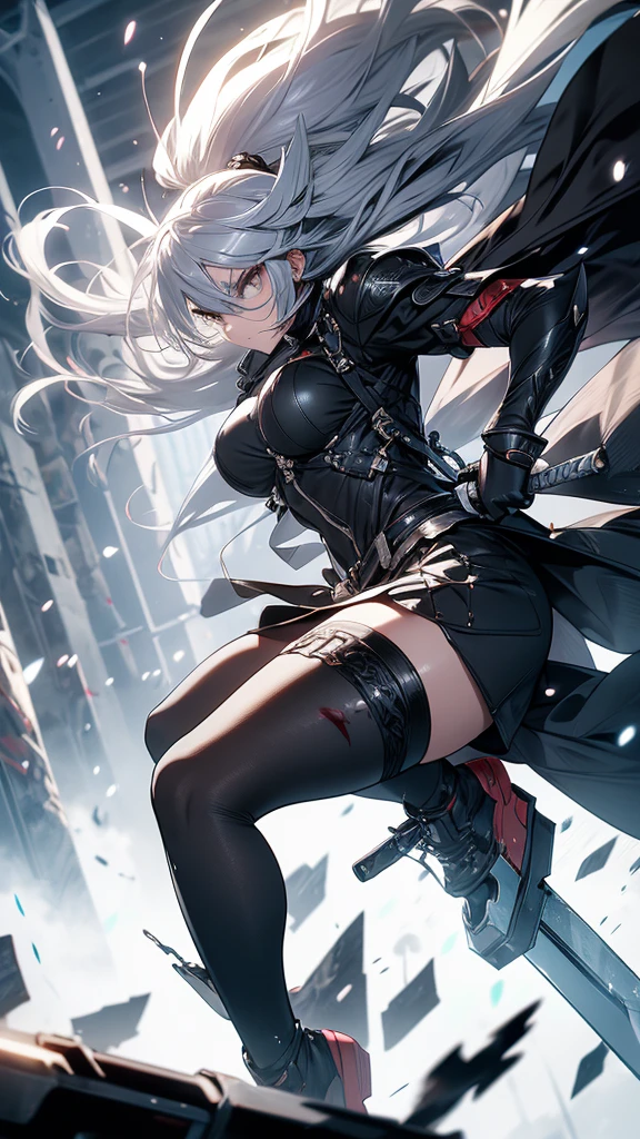 ((Highest quality)), ((masterpiece)), ((detailed)), (4K), 1girl, 独奏, (eyepatch), middle hair, green hair, crop top, leather jacket, large breasts, Torn miniskirt, suspender skirt, torn pantyhose, panties under pantyhose, choker, bracelet, (rain), ((wet)), gloves, see through, (expressionless), scowl, (from below), (looking down), looking at viewer, (open legs), wasteland, town