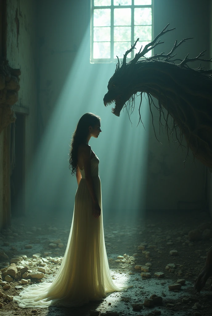 In this realistic photography, a wide-angle shot captures a scene where a monstrous creature and a woman stand side by side. The monster has transparent fur, revealing its colorful and luminous innards in an x-ray art style. Its intricate and detailed design evokes a sense of mystery. The woman, also illuminated with vibrant colors, has an otherworldly aura. The composition and exposure create an atmosphere reminiscent of the style of Alex Grey. Both the monster and the woman seem to possess an ethereal quality, blurring the line between reality and imagination."
