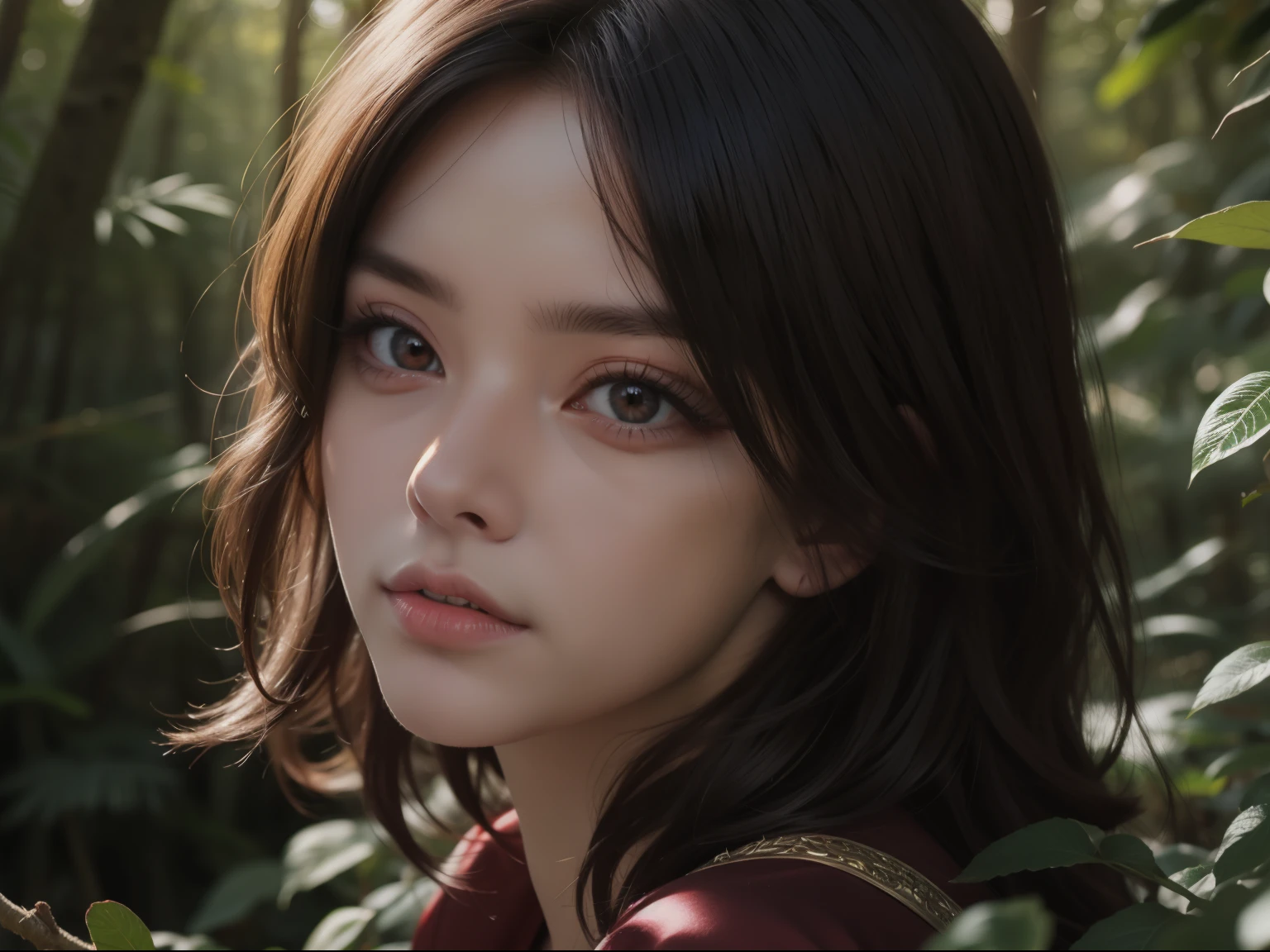 Beauty girl in the forest, black short hair, dark fantasy, red eye, 4k, anime realistic, portrait, devil