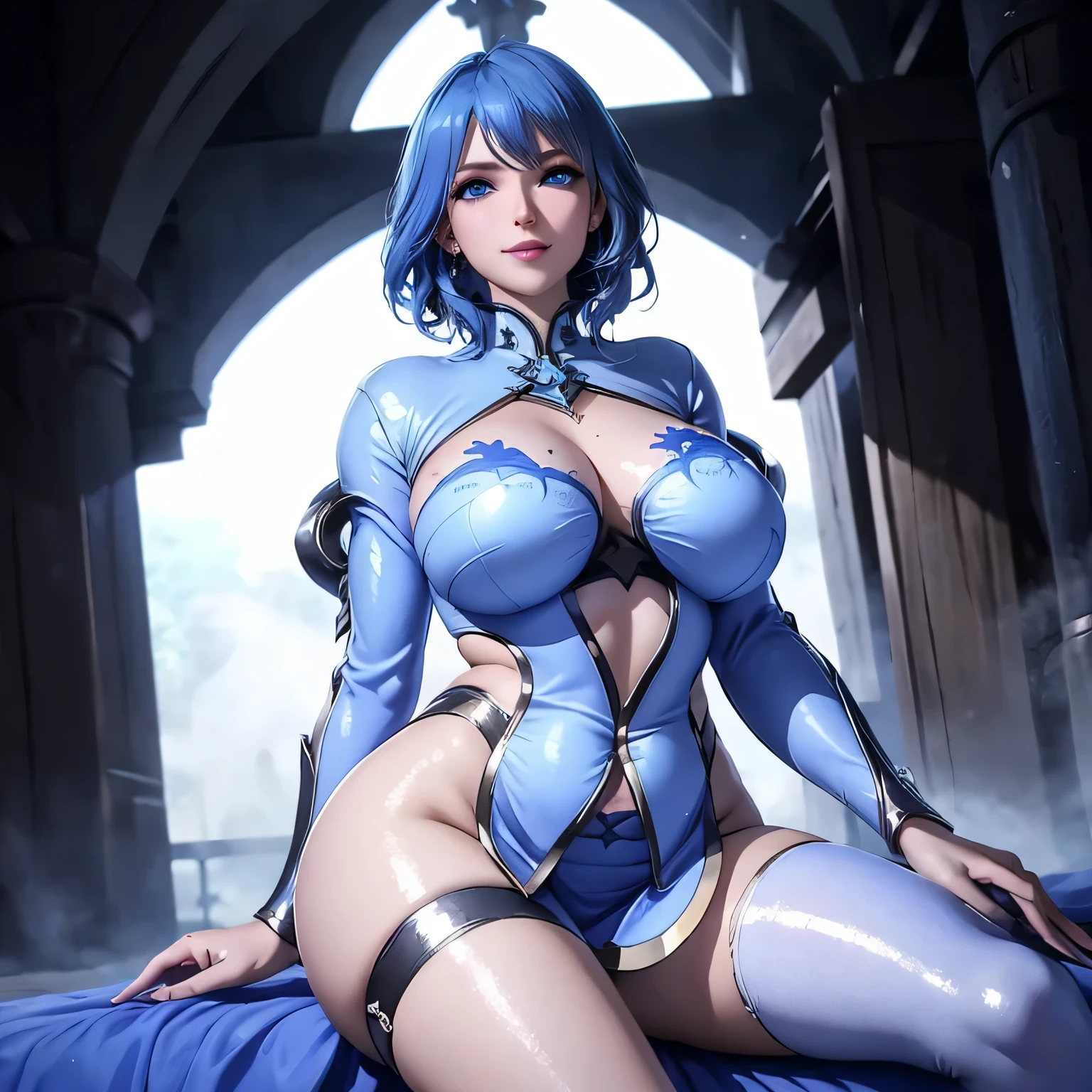 1 girl, Lucina, Fire Emblem, short hair, blue hair, blue eyes, soft, soft light, delicate, frills, small breasts, nipples, frilly, ruffles, garters, vagina, no panties, (dripping cum, sexy), bed, tiara, gold filigree, happy and excited, greaves, cute, blue bodysuit, bent over