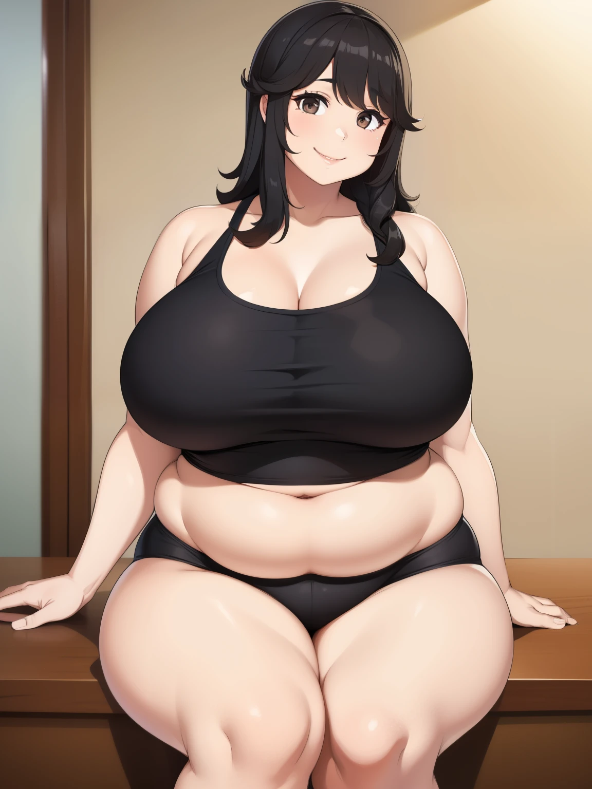 Plump chubby black hair brown eyes big breasts smile longer hair 