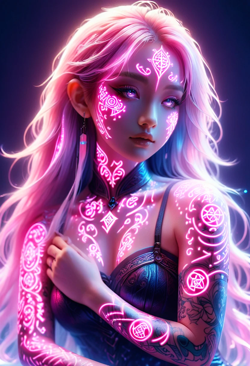 Artistic anime illustration of a woman adorned with glowing neon magic tattoos all over her body and face。 The tattoos on his arms and legs are a mix of pink and white runes.、It emits a neon light。 She has long, flowing hair.、、 This scene has a dreamy soft focus effect.、 It emphasizes the dreamy glow of the tattoo.、sit、sexy、Holding your feet