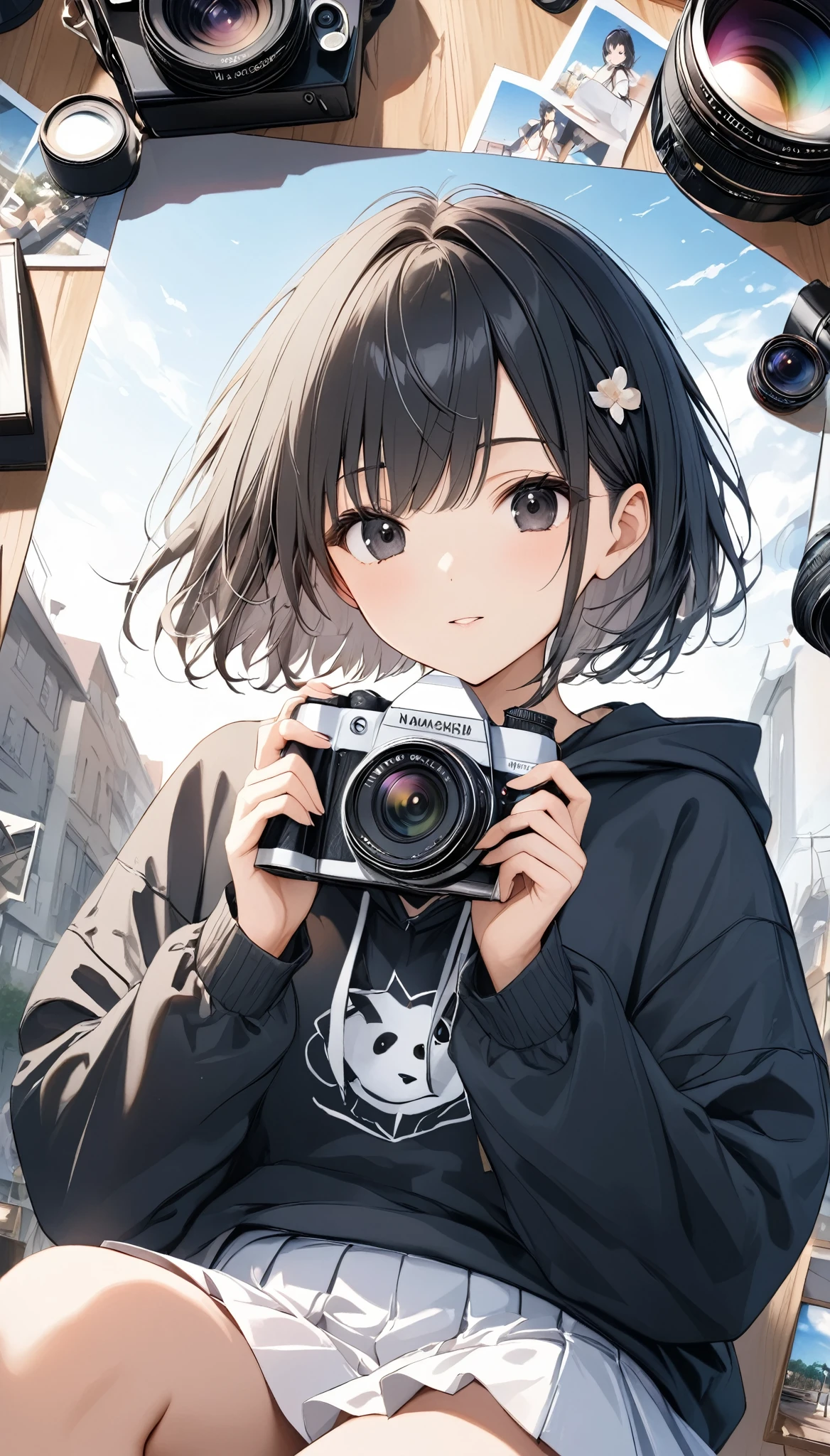 anime、((Amazingly absurd)),(masterpiece:1.2),超High resolution, Attention to detail, high quality, High resolution, 最high quality, 4K, 8k、Black hoodie、White Skirt、Black Hair、Short Hair、Black Eyes、SLR camera、Hold the camera、Close one eye and hold the camera、photo shoot