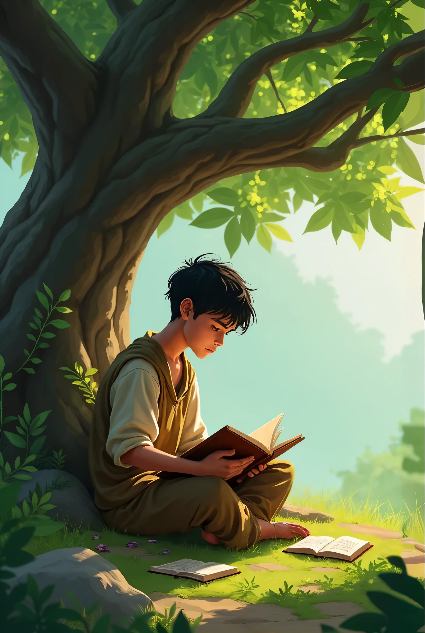 a young boy with brown hair immersing himself in stories of far-off lands, hidden treasures, and unimaginable wonders