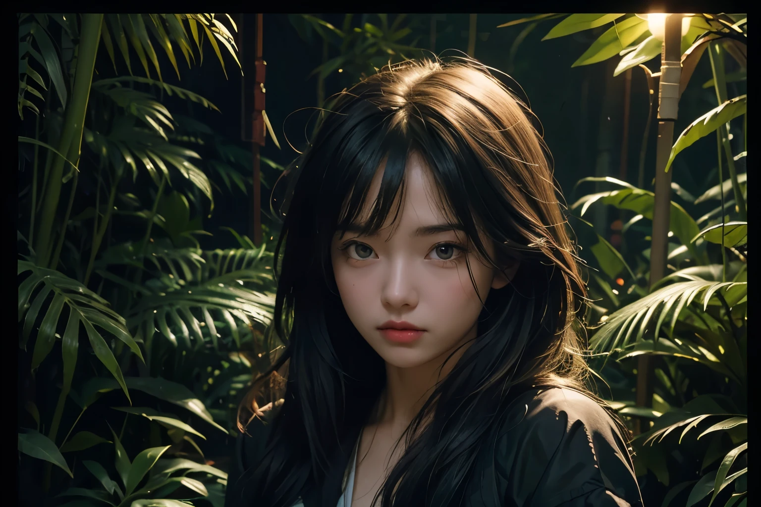 Girl standing in the jungle, cinematic, young, adult, open eyes, cool, looking at his viewer, neon, night light, photoshoot.