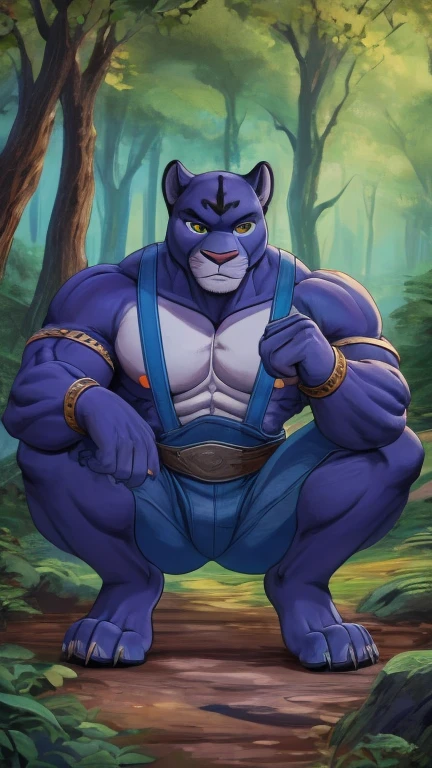 (1boy,panther, panthro), (extremely detailed CG unit 8k wallpaper),(master part), (best quality), (ultra detail), (best illustration),(Tsukasa Hojo style), cowboy shot, Paw pose, show Paws show claws, (Sharp eyeliner, ombre, detailed eyes:1), forest, digital art, break , upper body, crouching, Sharp claws, blue overalls, spikes, eye of thundera, silver bracelet, muscular, big muscles 