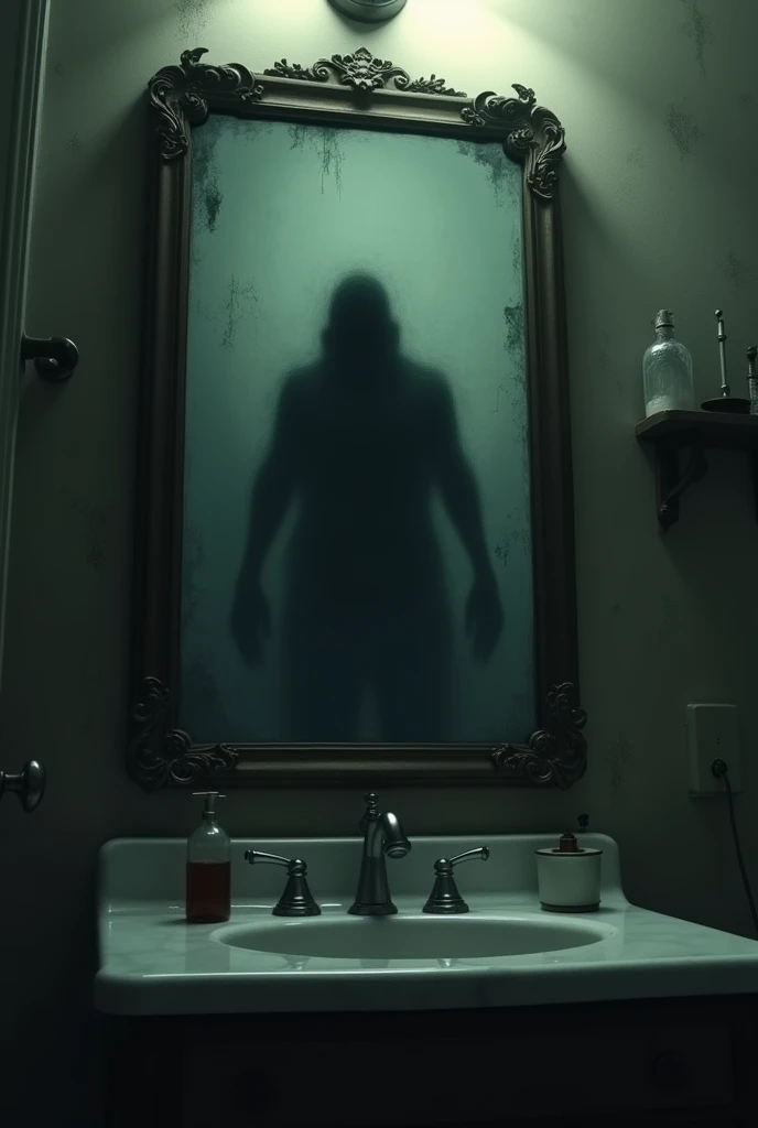 Haunted mirror reflection, psychological horror style, distorted reality, eerie atmosphere.
