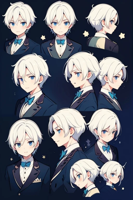 4k,Disney fairy tale prince,6- cute appearance,handsome man,イケメン、White hair, Blue eyes,with a wreath,wearing a pale White blazer jacket with blue bow tie,two hands with book,gently tiptoe walking,shy expression,white background,simple background,character sheet,solo,wearing same outfit,3TYPE of  view: front view,side view,multiple expression,