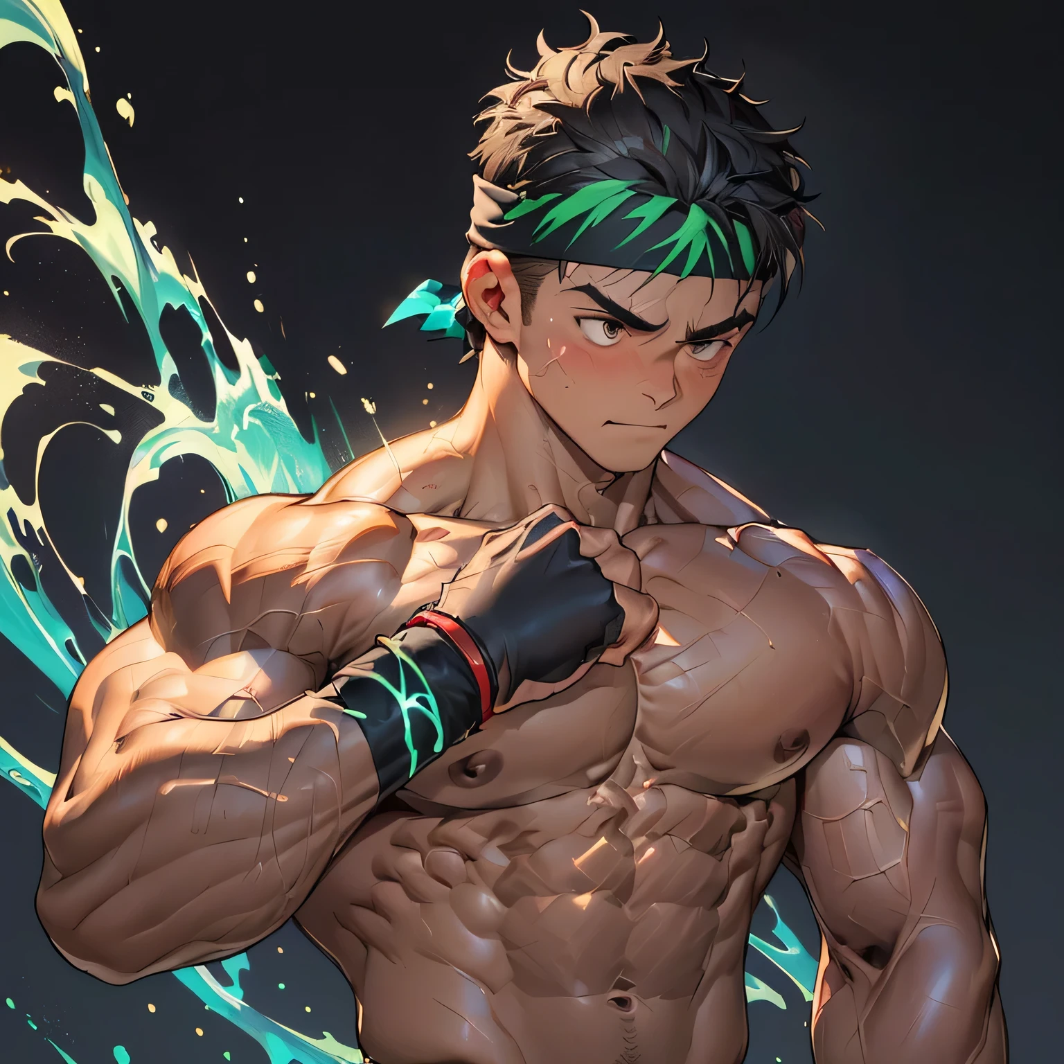 ((masterpiece, best quality)), (((((black background, deep night, upper body, looking away))))), (worm eyes, Young boy, muscler, Shirtless, topless), ((((1boy, solo, flesh, tough, reliable, developed body)))), (Dark Short straight hair, ((almost completely shaved hair)), under cut), (((red headband, black wristband))), Vivid colors, ((big breast:1.5, big abs:1.5, big shoulder:1.2, muscular body, sturdy body, defined round and fleshy pecs:1.5, defined round and fleshy ABS:1.5, defined round and fleshy armsmuscular:1.2, well-defined muscles, toned body:1.2, shouldermuscler:1.2)), muscler!, muscler body, detailed face, detailed muscle, (((rippling muscles, Flowing energy, wearing energy waves, and wind to emphasize the power of his magic. Highlight his aura, blue and green aura effect, energy stream, holding aura energy, ready to fight, fighting pose, boxing stance, uppercut:1.2, body blow)))