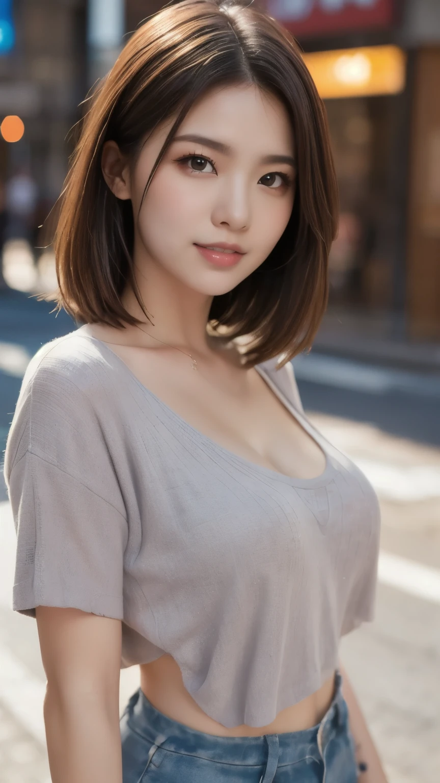 8k,Best Quality,(masterpiece:1.2),(Realistic),(Realistic:1.37),Ultra-high resolution,1 female university student,Droopy eyes,Beautiful teeth alignment, Looking down from above,Well-formed fingers,Shinjuku,(((Cute casual clothes))),Big Breasts,Perfect body,Perfect Fingers,Beautiful Skin,Professional Lighting,gravure,Detailed face and skin texture,fine grain,RAW Photos