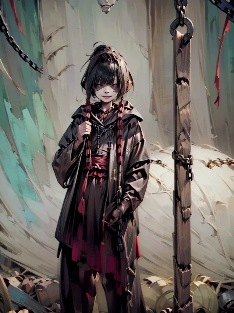 ((Background made up of chains and flowers))、 Horror elements, (masterpiece), (High resolution), (Very delicate), (Clear), Manga style illustration,Japanese painting, (spooky), Crazy Illustration, Flat illustration, spooky外観, (Mr..々Color Hair Styles), Unique atmosphere、Small eyes、（Flat Chest）, ((Muddy hair)),Chains wrapped around the body、((spookyタトゥー))、Holding a balloon,Skin full of stitches,restrained by thick chains、（Colorful clown costumes）、Bold Pose、Sexy Costumes、dress
