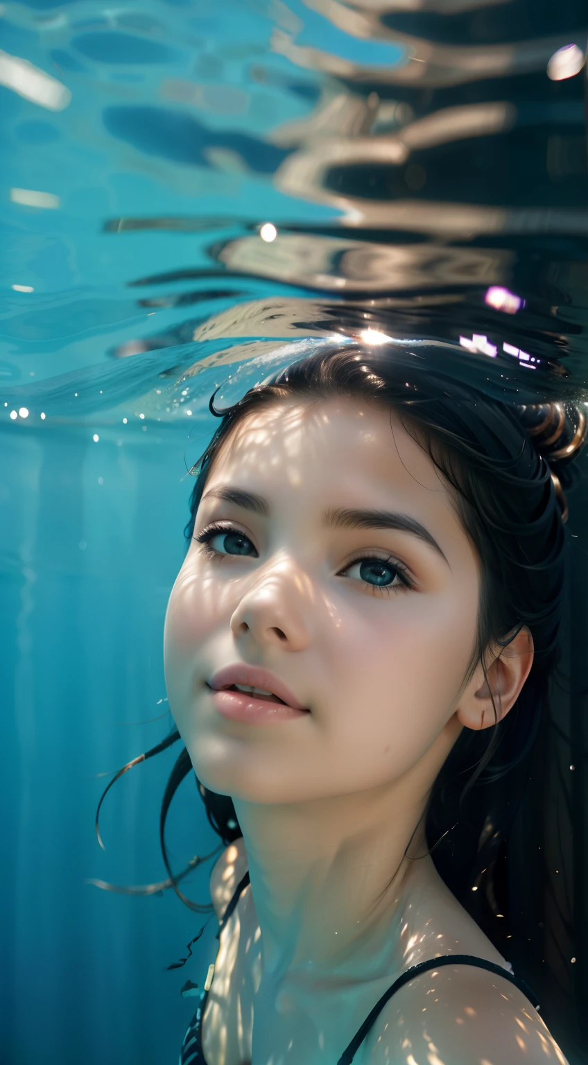 (RAW photo, Best quality), (Realistic, photo-realistic:1.2),High quality, 1girll,delicated face,Under water,The sun shines into the water,