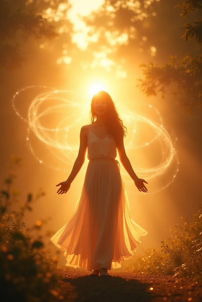 A realistic woman creating a powerful heart brain coherence within her forming an electromagnetic field around her entire body, full body portriat