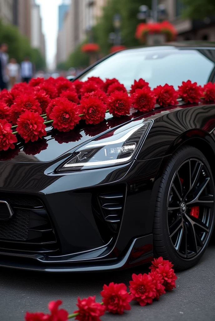 Black scarpio car with red flower garland on it