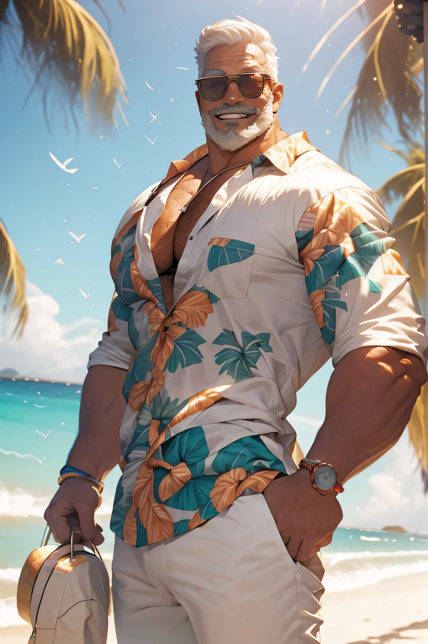 a burly 40s man with long white hair in an updo, wearing sunglasses, (wearing an open unbuttoned Hawaiian shirt over a bare chest:1.3)，(simple white pants:1.3), and sandals, standing on a beach, photorealistic, 8k, highly detailed, cinematic lighting, vibrant colors, dramatic pose, dynamic composition, ocean waves in the background, palm trees, golden hour lighting，laugh, 