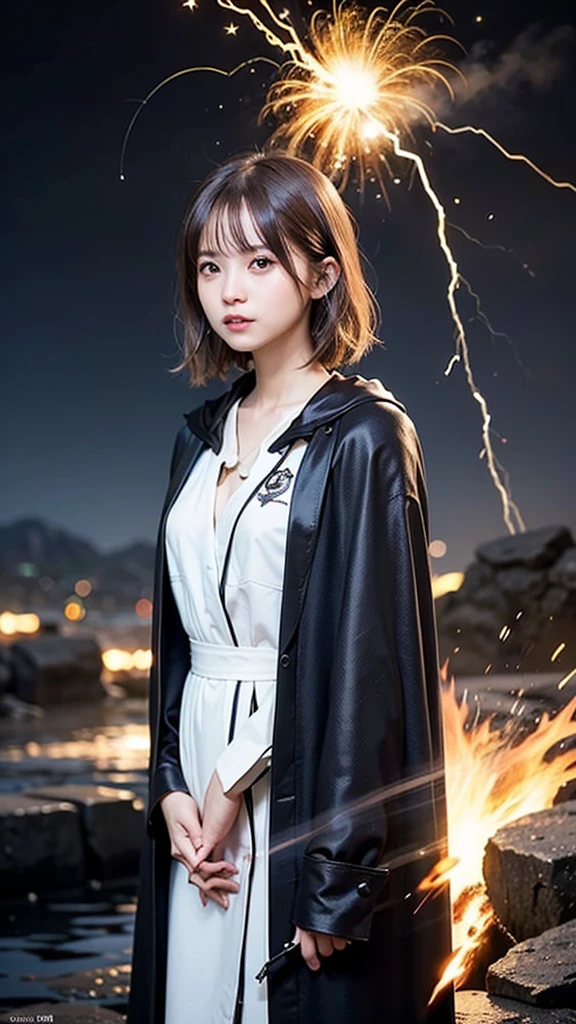 (Skin dents:1.5), Realistic, Realistic, (masterpiece:1.5), Concept Art, Intricate details, Very detailed, Realistic, Octane Rendering, 8k, Unreal Engine, Dynamic pose, highest quality, High resolution, (Realistic Face:1.1), (超Realisticな:1.1), ((full_body)), Perfect Eyes,(Shiny skin:1.2), (((Hairstyle))), (((Perfect hands))), (Very detailed背景), ((Dynamic Background)), ((Lightning)), (Light), ((One Girl)), wear a cape, (((Flowing Cape))), ((fine grain, High quality eyes, High quality face)), (Very complicated robe, magical robes), short hair, casting Lightning, electricity, Swirling Fire, Radiation Force, spark, cigarette, magic, ((dramatic)), wonderful, battlefield, Written boundary depth, Bokeh, 4K, Gothic, human, particle